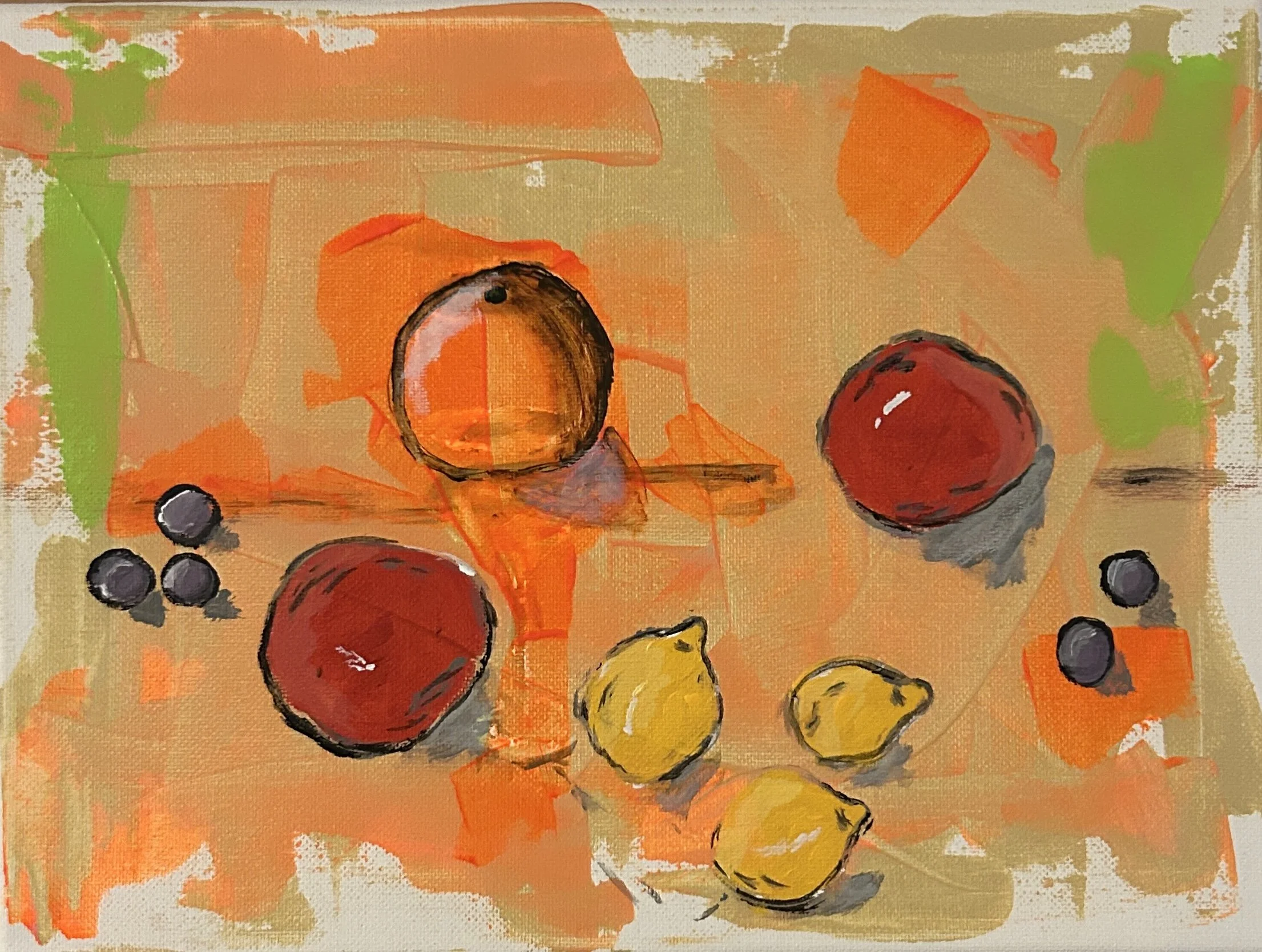 "Scattered Fruit" Acrylic on canvas, 9" x 12" $100