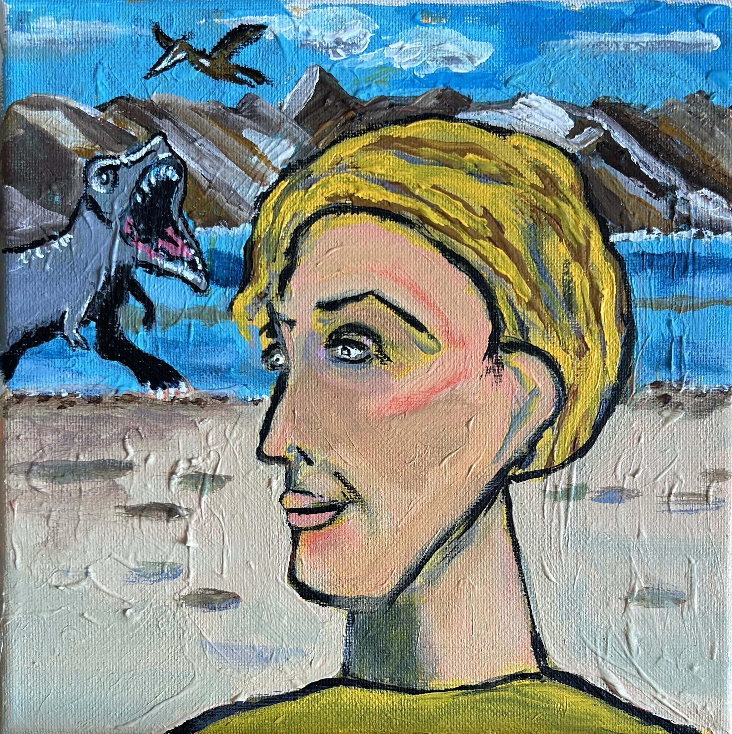 "Danny Strolls on Dinosaur Beach" Acrylic on canvas, 8" x 8", $75
