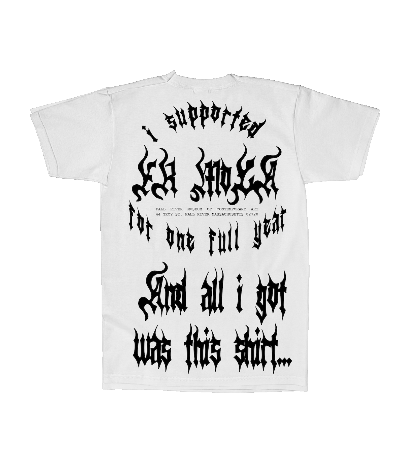 White T-shirt with black gothic-style text