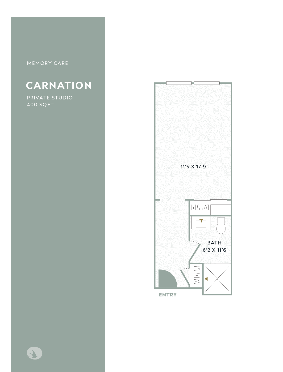 Floor plan of Carnation private studio apartment, 400 sq ft, showing main living area, bathroom, and entry.