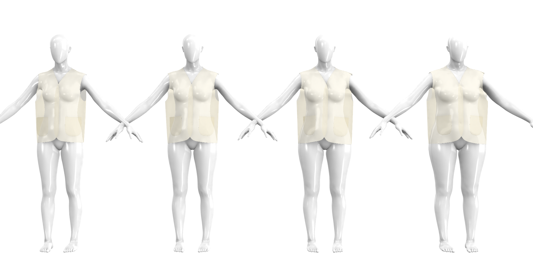 Virtual fitting of the Nomad Utility Vest in sizes 1 to 4 on four 3D avatars, showing a relaxed vest with V-neck and lower patch pockets