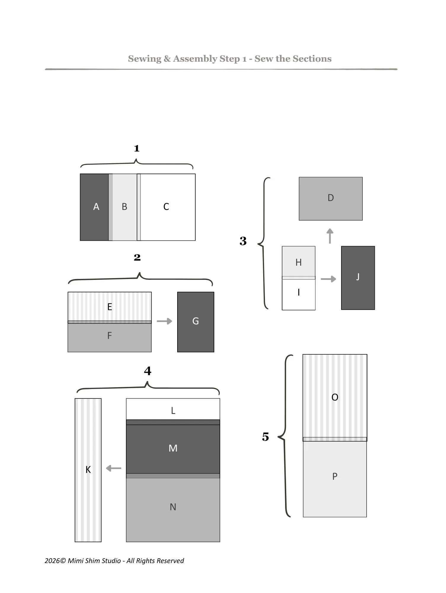 Hand-sewing instructions for jogakbo patchwork, showing six numbered steps for pressing, sandwiching, and whip-stitching seam allowances