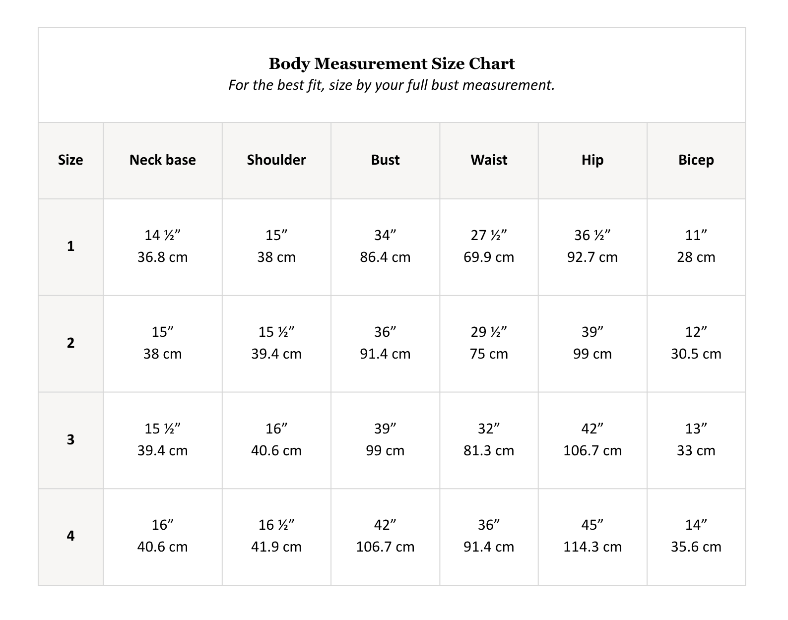 Nomad Vest body measurement size chart for sizes 1–4: neck base, shoulder, bust, waist, hip, and bicep in inches and centimeters