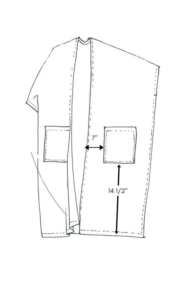 Technical sketch of the long wrap version showing pocket placement: 7 inches from center front, 14.5 inches from the hem