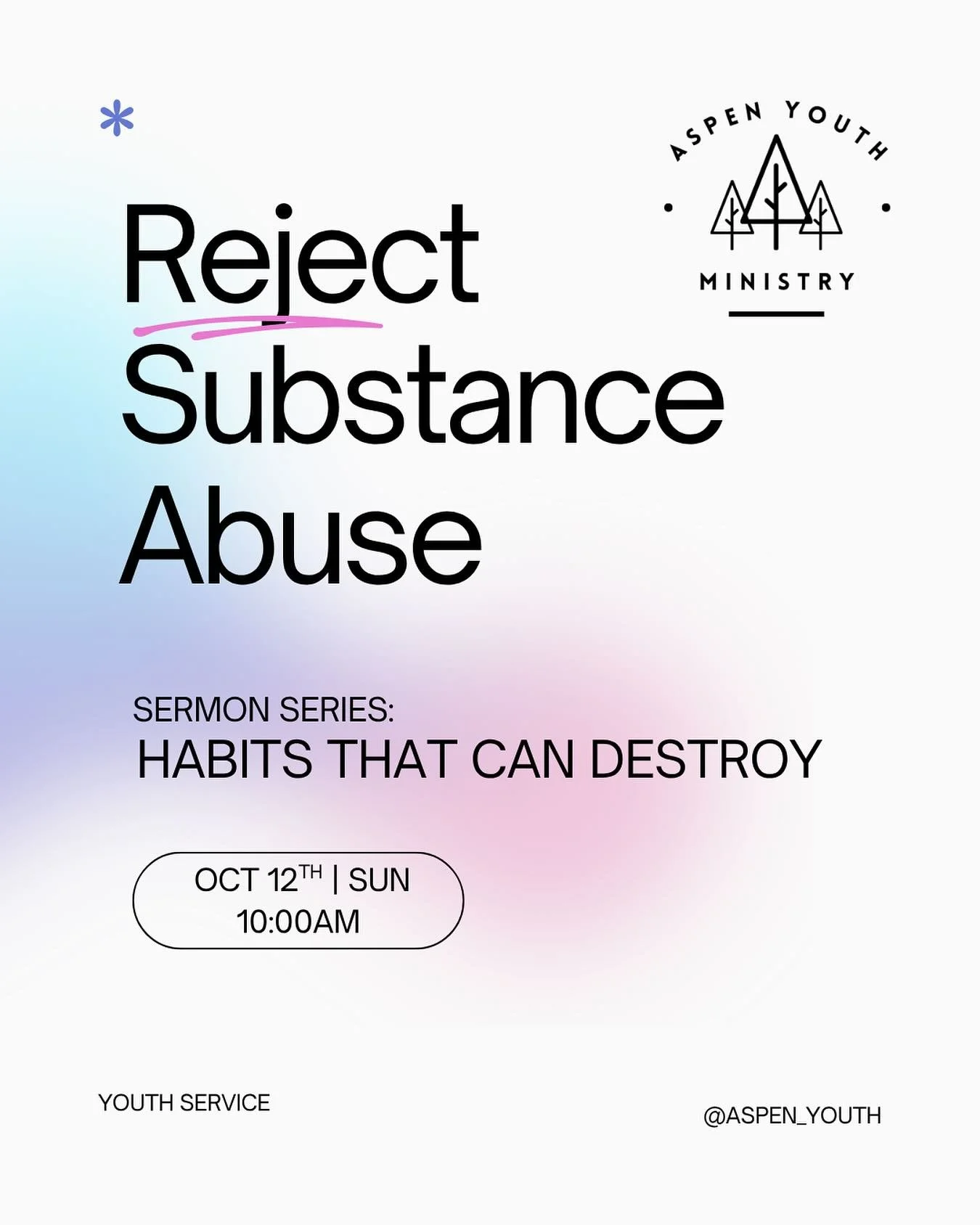 📣🕊️ See you next Sunday at 10AM for Youth Service!! We&rsquo;re continuing the sermon series on &ldquo;Habits That Can Destroy&rdquo;, this time, diving into the topic of &ldquo;Rejecting Substance Abuse&rdquo;! See you then!