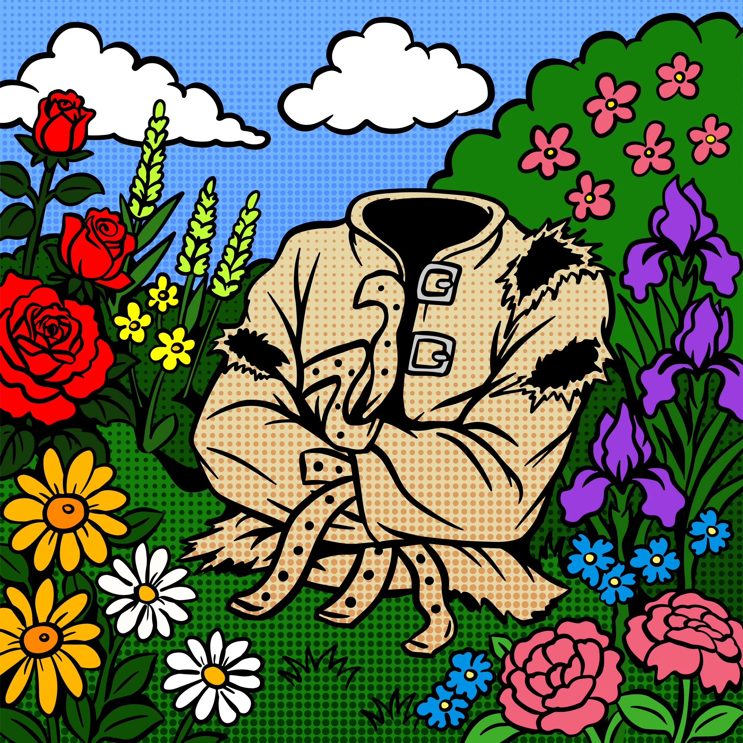 Pop art of a torn straitjacket in a field surrounded by flowers