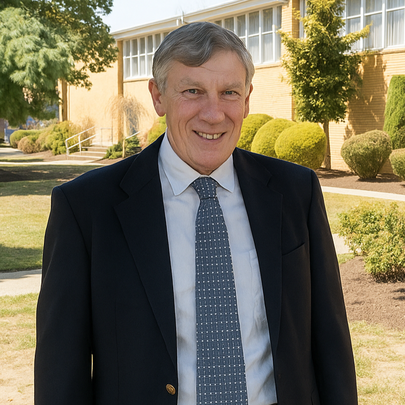 A smiling middle-aged man with gray hair wearing a white shirt, a colorful striped tie, and a navy blue lanyard with yellow text that reads 'Saint Mary School'.