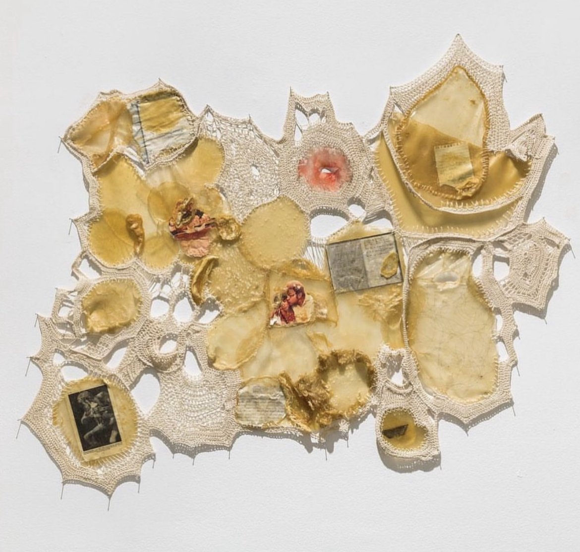 Ophelia Arc; I love beginnings
latex, thread and memorabilia
40" x 32”
2023