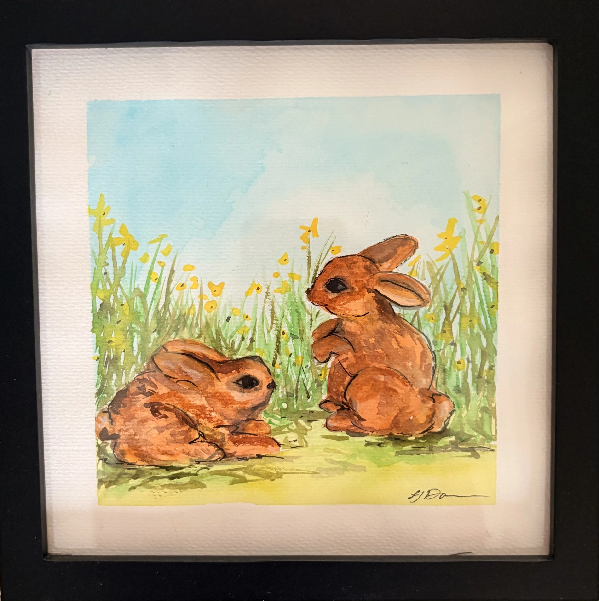 Spring Bunnies Original Watercolor Art