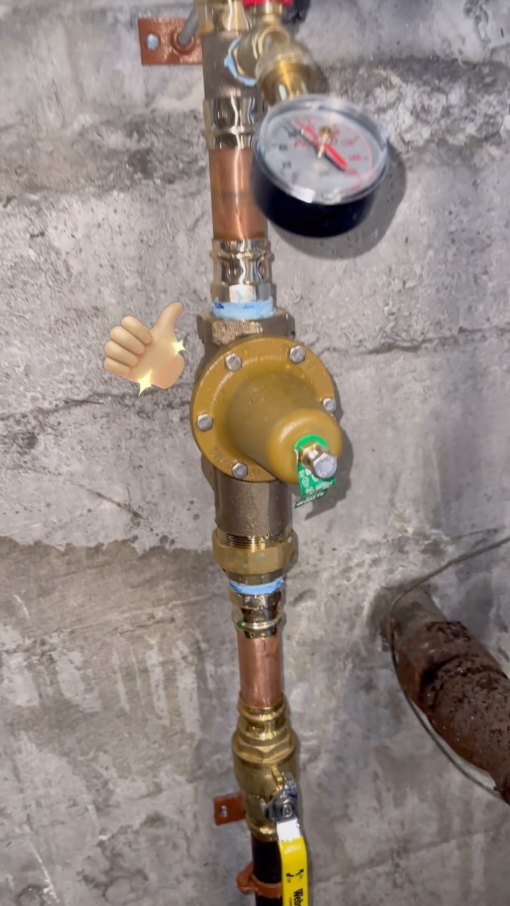 Pressure Reducing Valve install! This apartment complex was getting 100psi of water pressure coming in! We got that down to a normal 60-65psi after this install