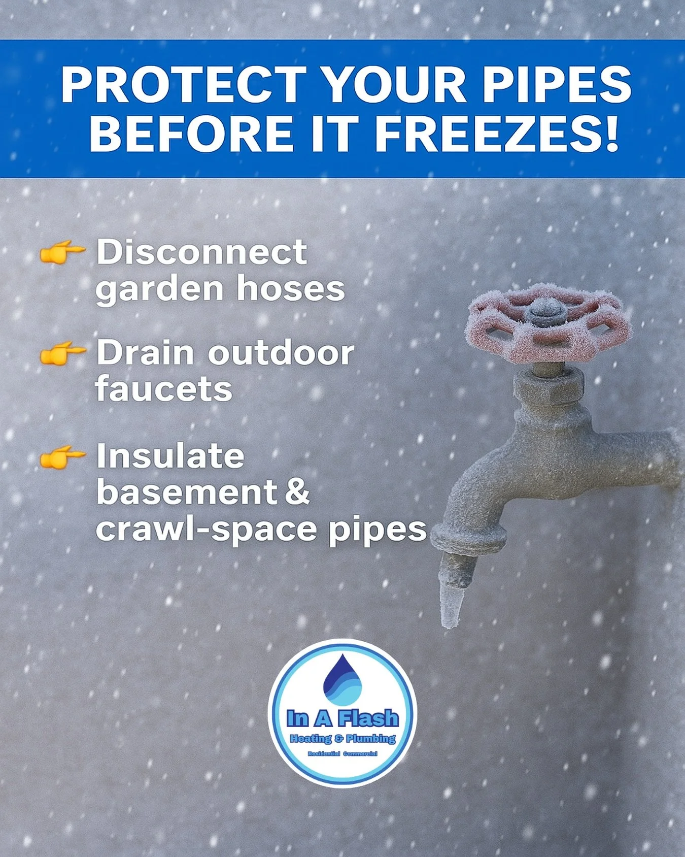 🚨 Don’t wait for the first freeze!
A few minutes of prep now can save you from burst pipes and thousands in damage later.
👉 Disconnect garden hoses
👉 Drain outdoor faucets
👉 Insulate basement & crawl-space pipes
Serving Medford, Somerv