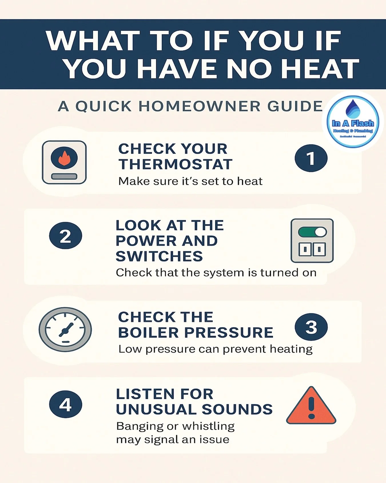 No heat in your home? Don’t panic — it might be something simple 👇
✅ Check your thermostat (and batteries)
✅ Make sure your boiler’s power switch is ON
✅ Inspect boiler pressure — low PSI can shut it down
✅ Listen for unusua