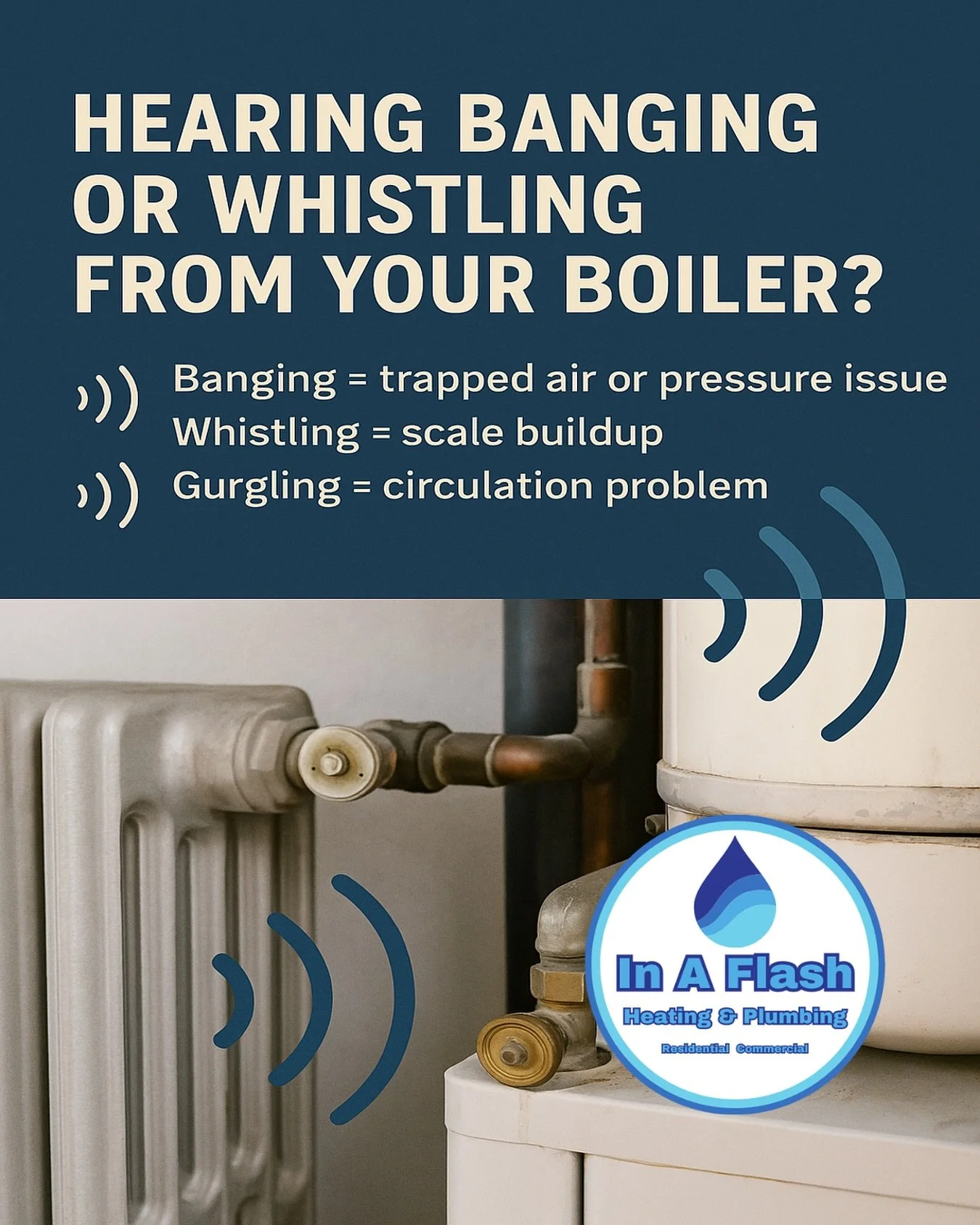 🚨 Hearing banging, whistling, or gurgling from your boiler or radiators?
Those sounds aren’t normal — and they could be warning signs your system needs attention.
🔹 Banging = trapped air or pressure issue
🔹 Whistling = scale buildup
?