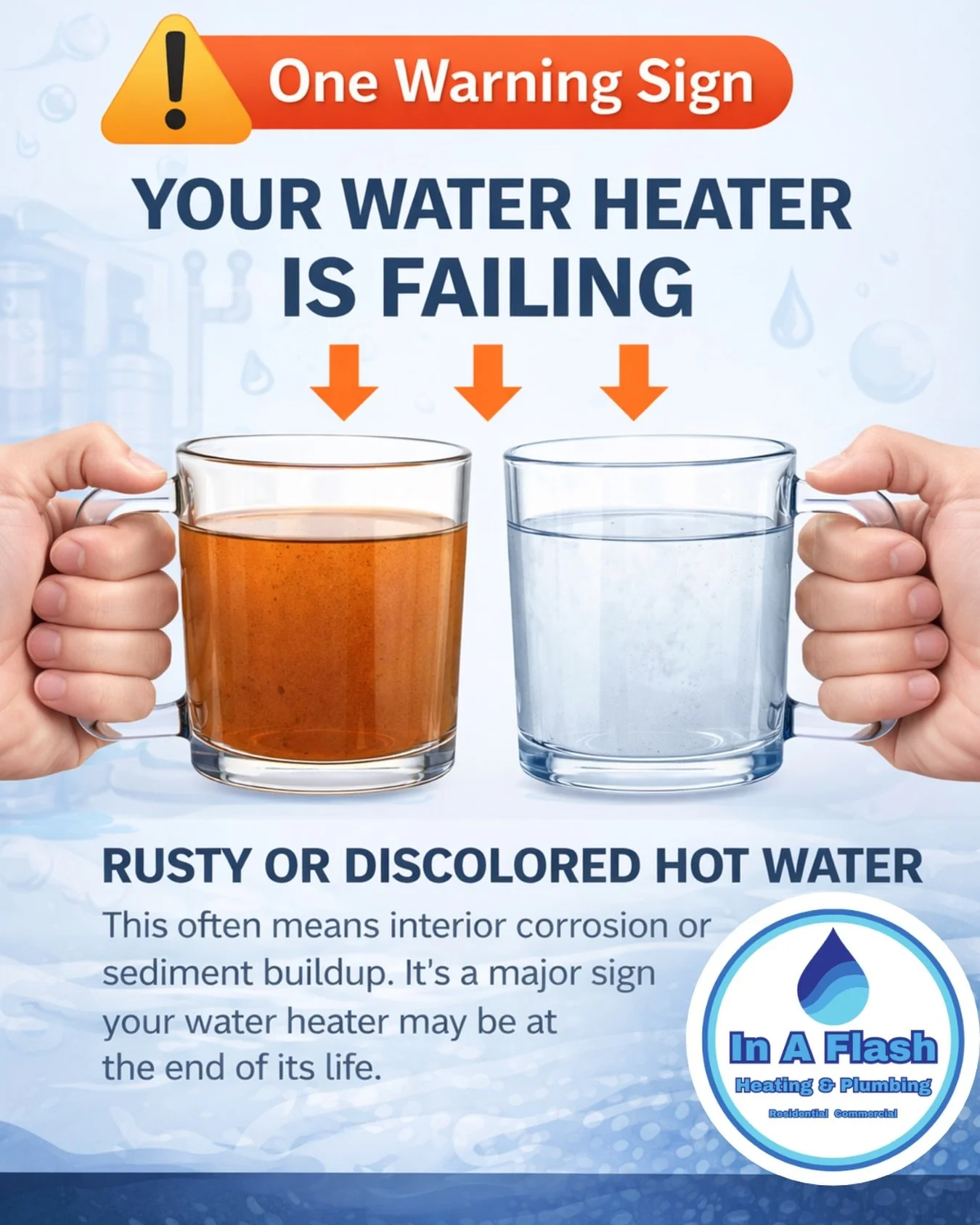Rusty or discolored hot water is a major warning sign your water heater may be failing.

This usually means:
&bull; Internal corrosion
&bull; Sediment buildup
&bull; Tank nearing end of life

Catching it early can prevent leaks, water damage, and a f