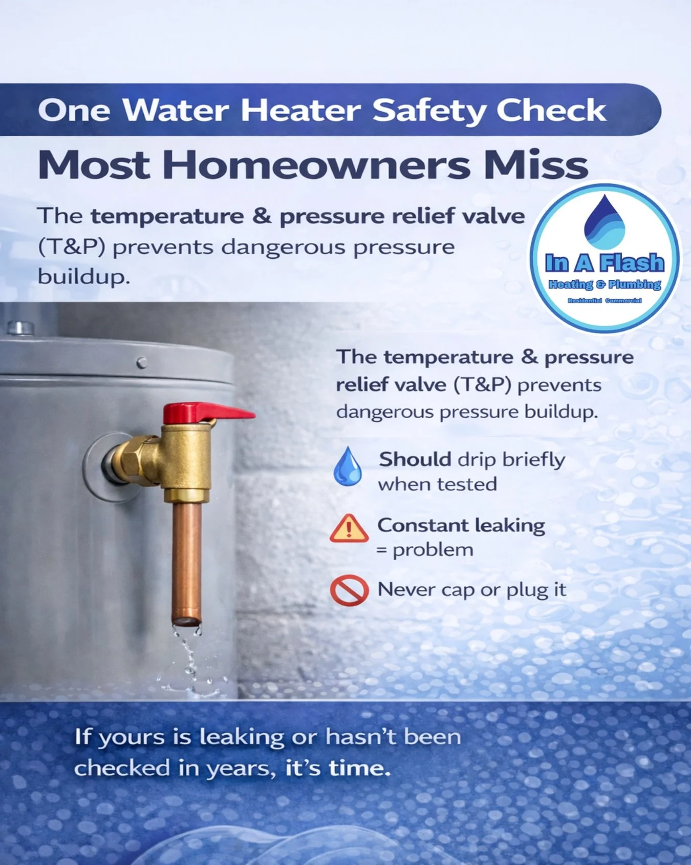 That little valve on the side of your water heater matters more than you think.

The T&amp;P (temperature &amp; pressure relief) valve is a critical safety device.
&bull; It should drip briefly when tested
&bull; Constant leaking = a problem
&bull; I