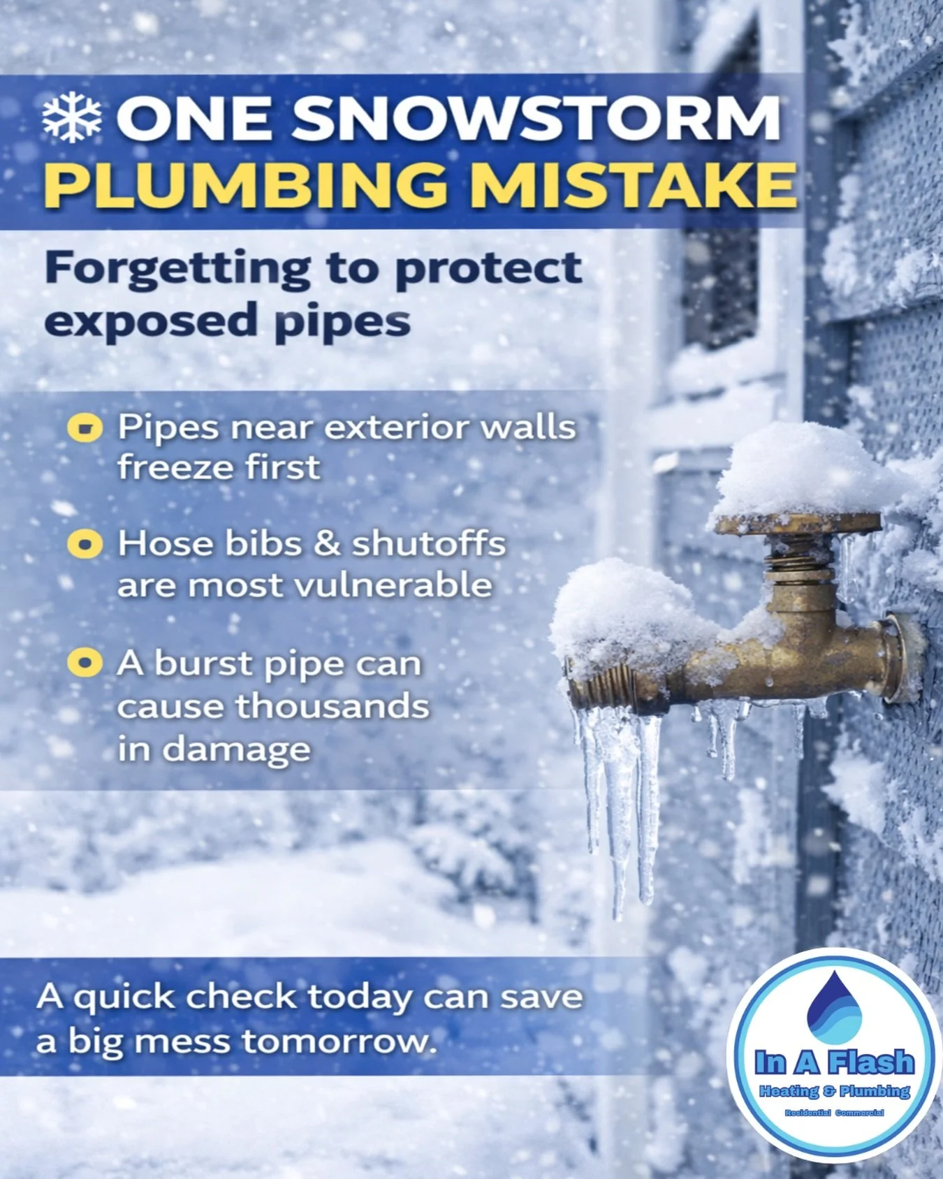 ❄️ Boston snowstorm tip ❄️
One frozen pipe can turn into a major mess fast.

Before the temps drop:
&bull; Check pipes near exterior walls
&bull; Protect hose bibs &amp; shutoffs
&bull; Make sure nothing is exposed to freezing air

A quick check toni