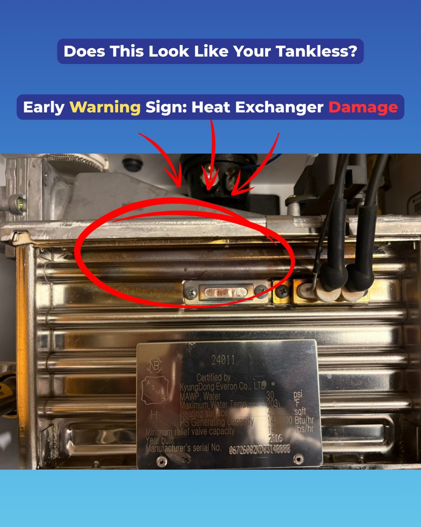 🚨 Early warning sign homeowners often miss

That discoloration on your tankless heat exchanger isn&rsquo;t normal &mdash; it&rsquo;s a sign of early failure caused by overheating, scaling, or improper maintenance.

Left unchecked, this can lead to:
