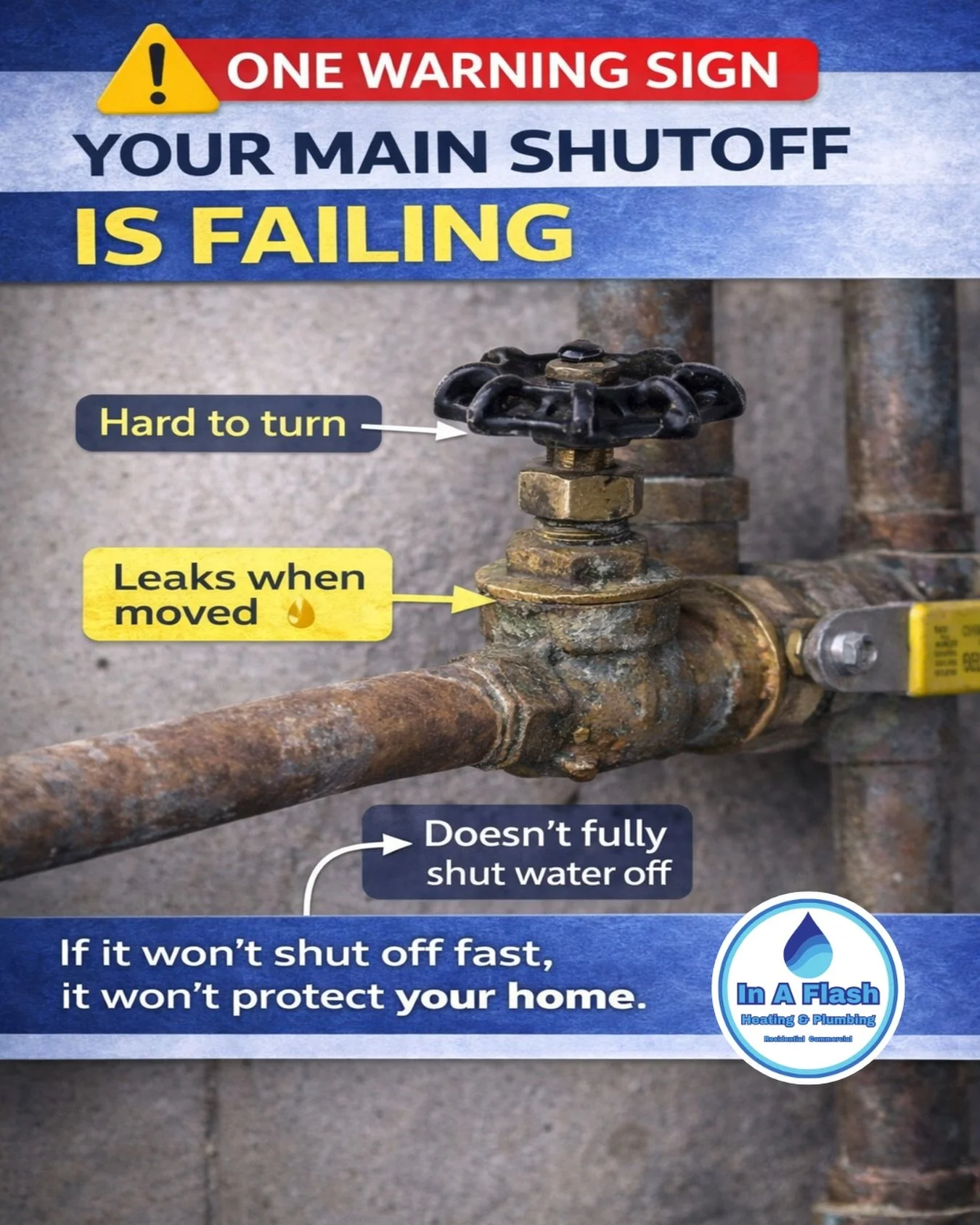 Most homeowners never test their main water shutoff &mdash; until an emergency.

If your valve is hard to turn, leaks when moved, or doesn&rsquo;t fully stop the water, it may already be failing.

In a real plumbing emergency, seconds matter.

#Plumb