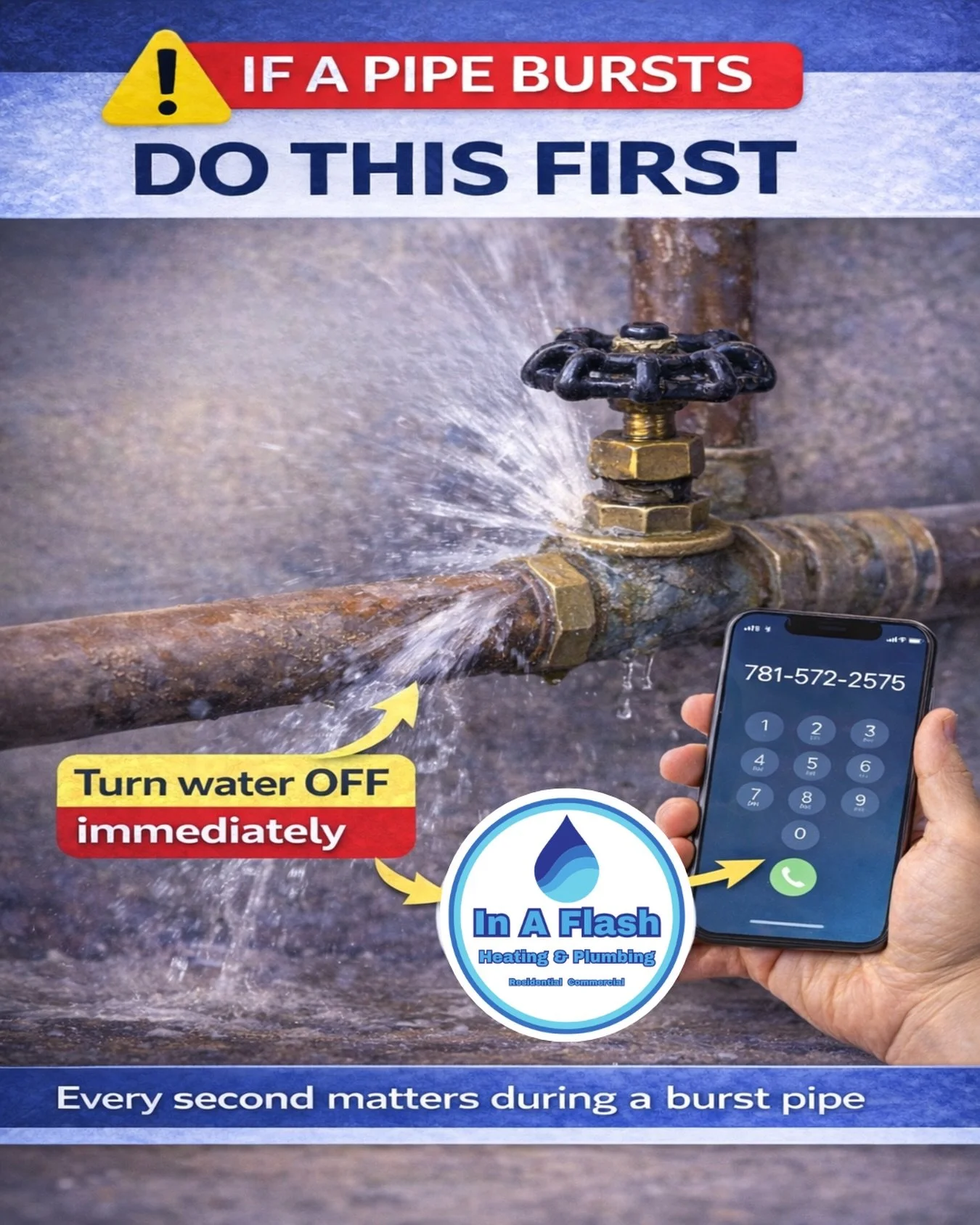 If a pipe bursts, don&rsquo;t panic &mdash; act fast.

Shutting the water off immediately can mean the difference between a small repair and major water damage.

Every homeowner should know this before an emergency happens.

#HomeownerTips #PlumbingE