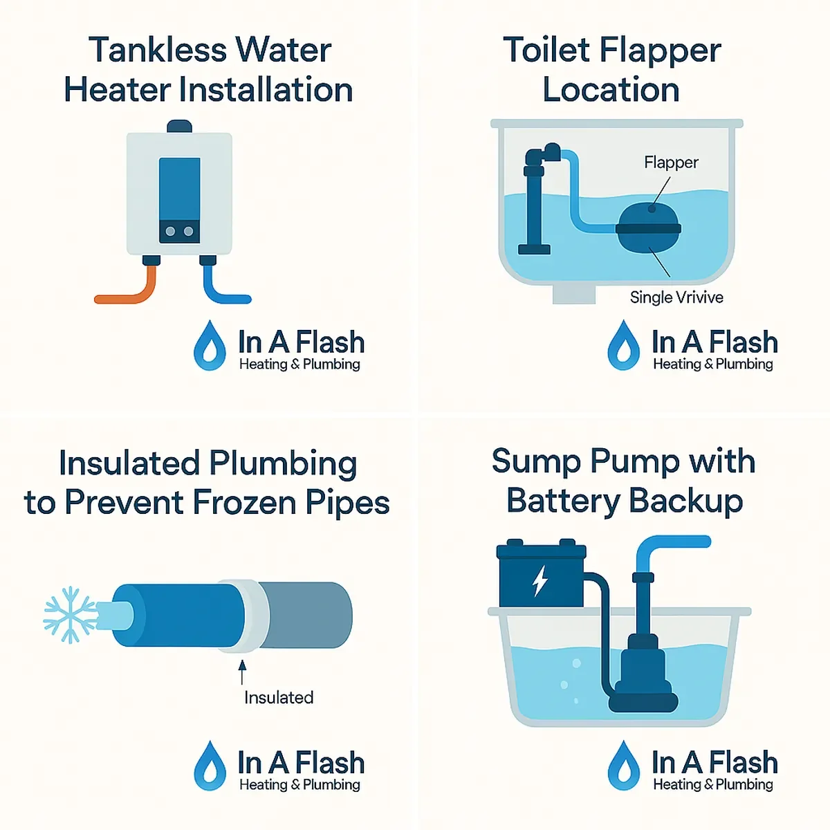 In A Flash Heating & Plumbing services illustration – tankless water heaters, toilet repair, insulated pipes, sump pumps