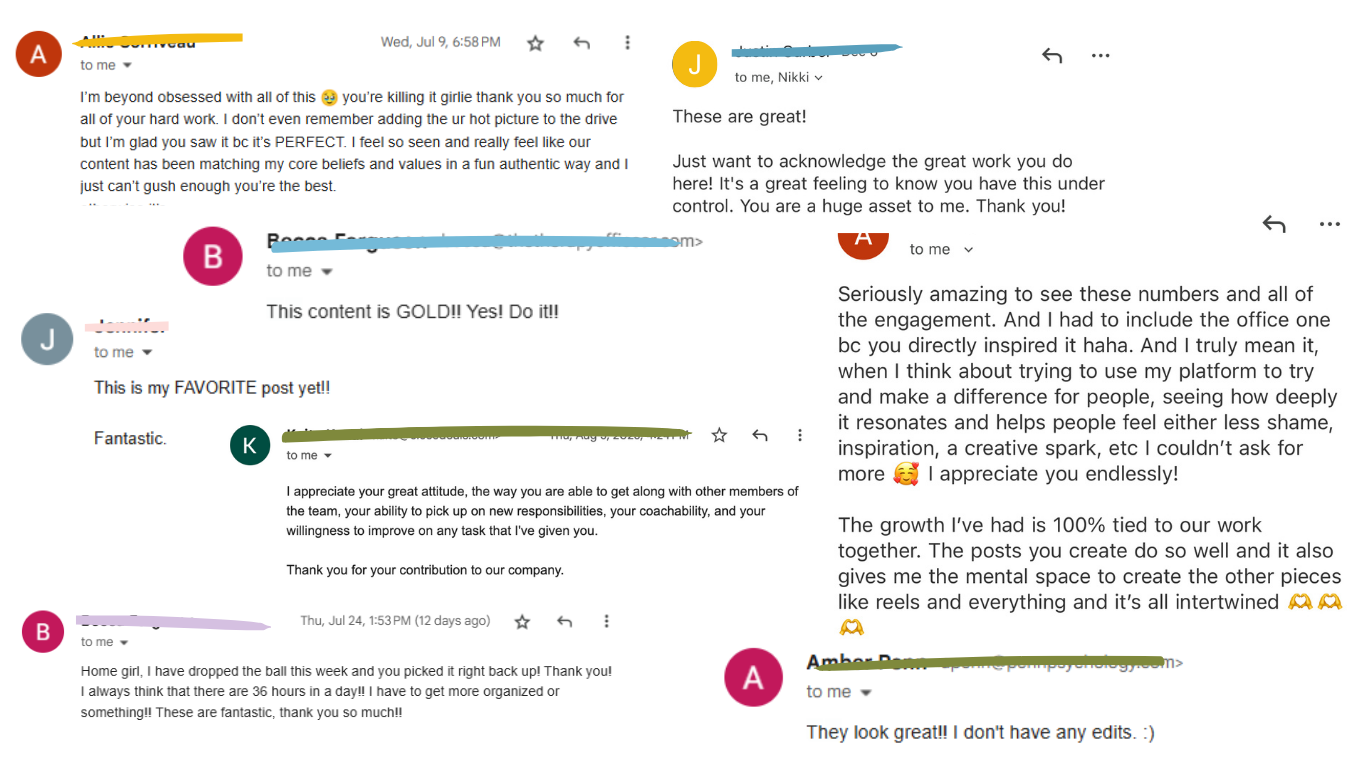 Screenshots of email messages with positive feedback and appreciation, each email is from different individuals thanking or complimenting the recipient.
