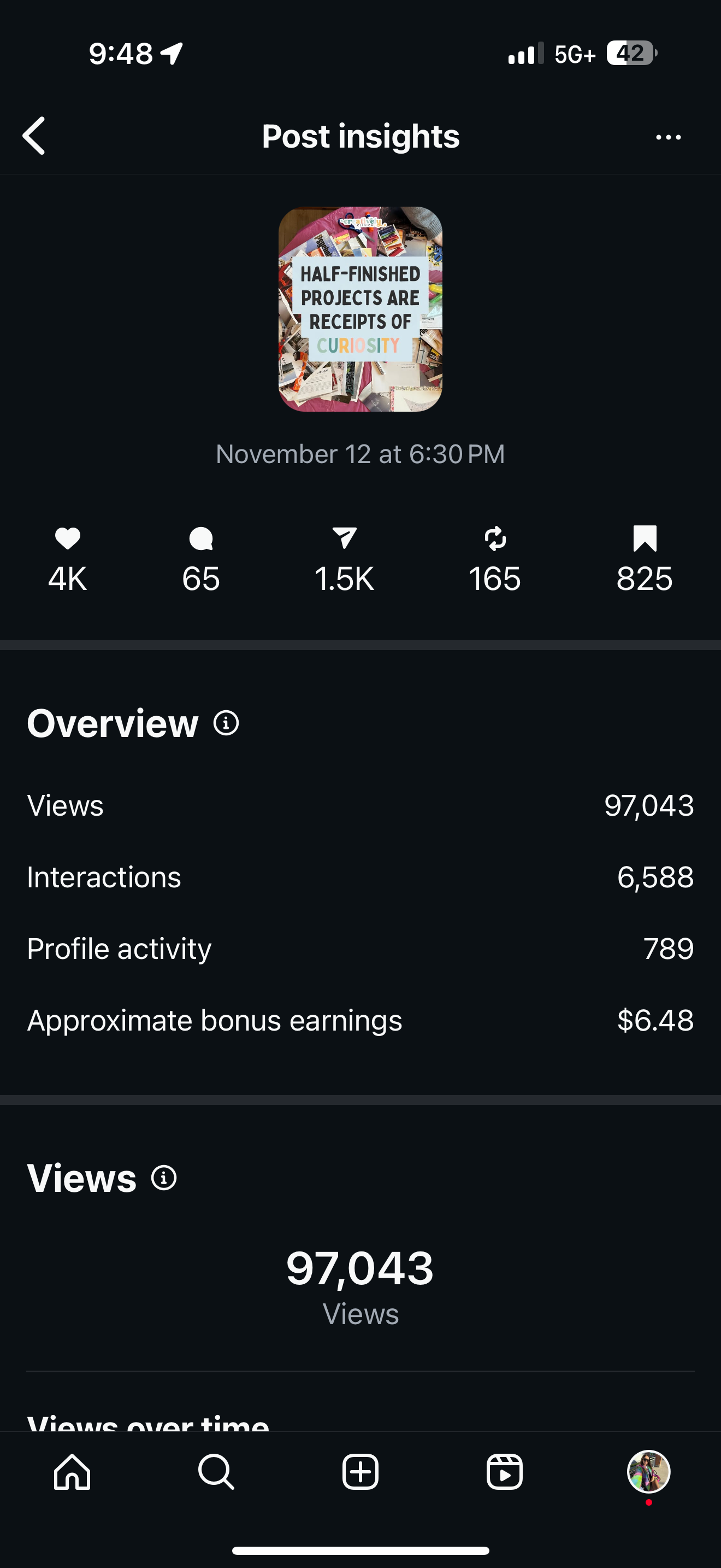 Social media post with a collage of images and a quote that says, 'Half-finished projects are receipts of curiosity'.