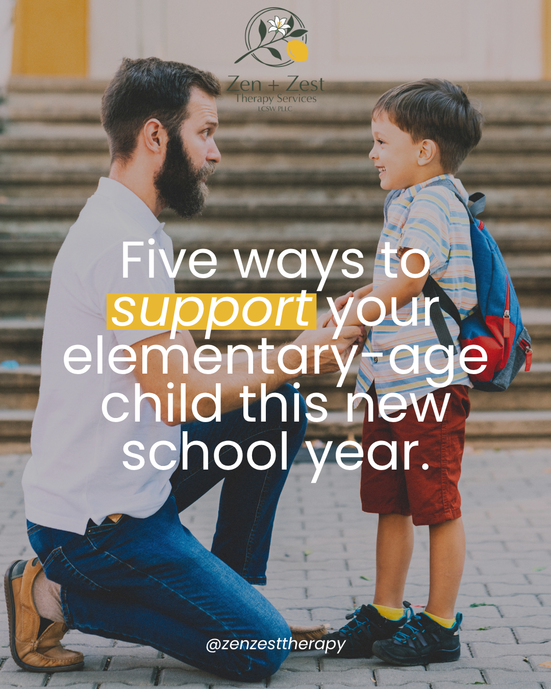 Kneeling man with a beard talking to smiling young boy with a backpack on steps