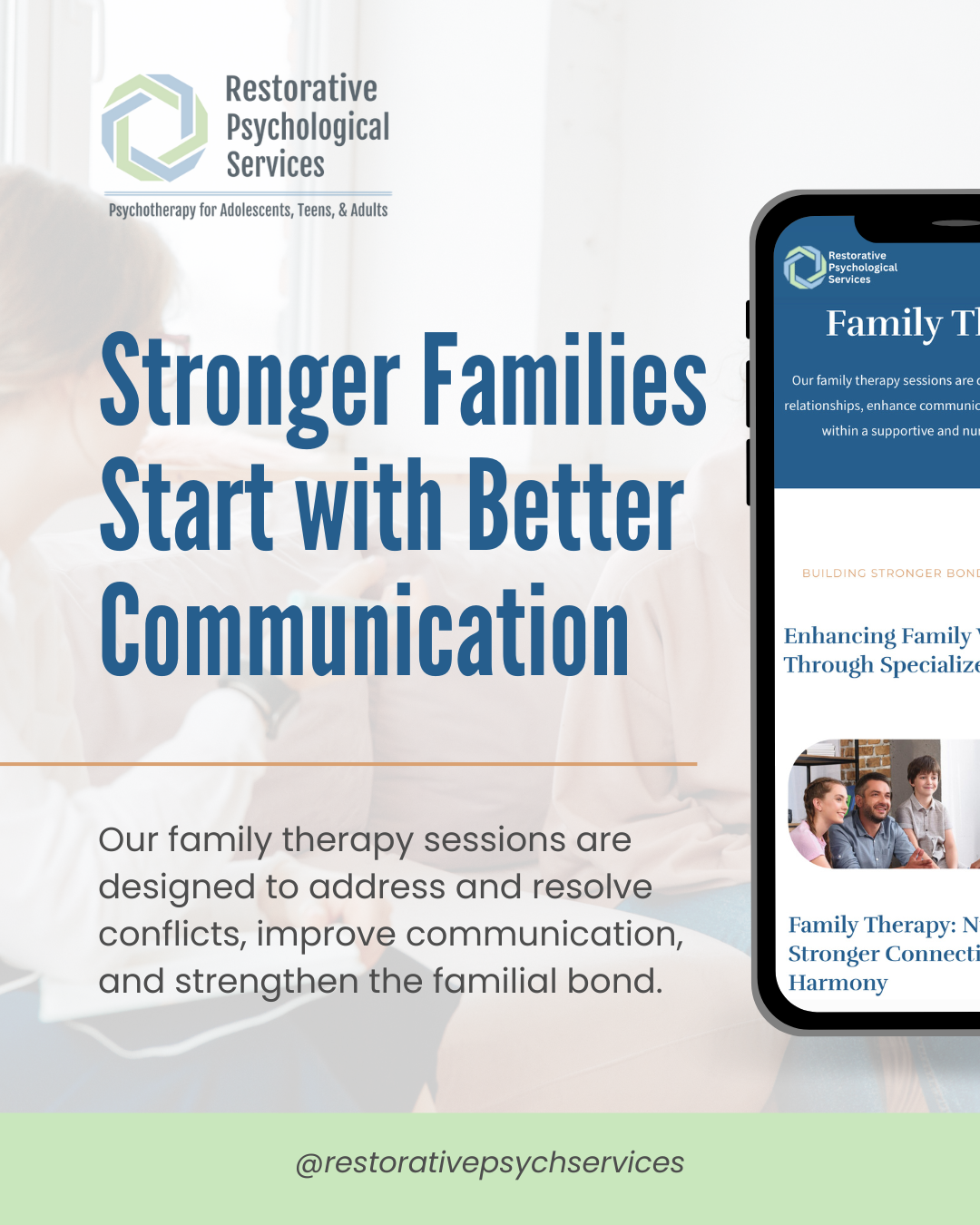 Poster for Restorative Psychological Services highlighting family therapy to improve communication and strengthen family bonds.