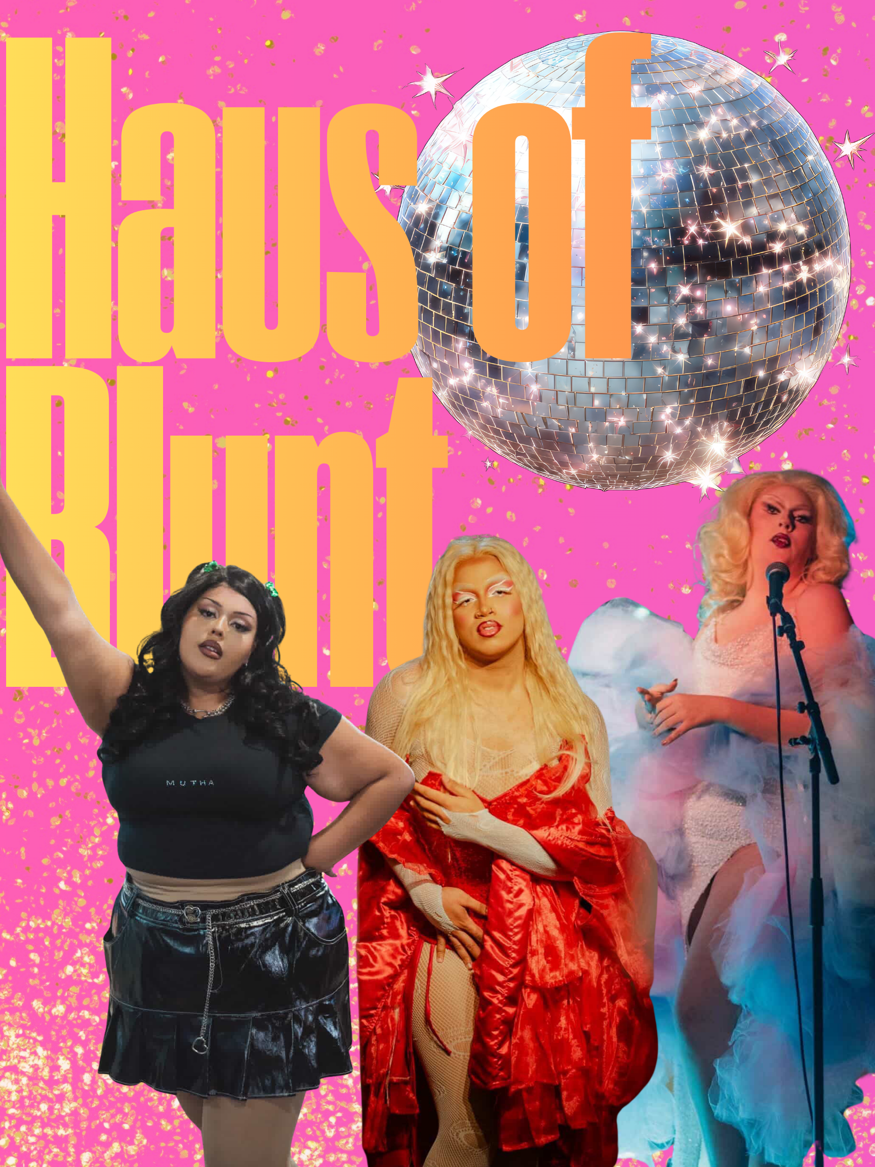 Three transgender women dressed in glamorous outfits stand against a vibrant pink background with gold confetti. A large mirror ball is in the background, and the women have confident expressions.