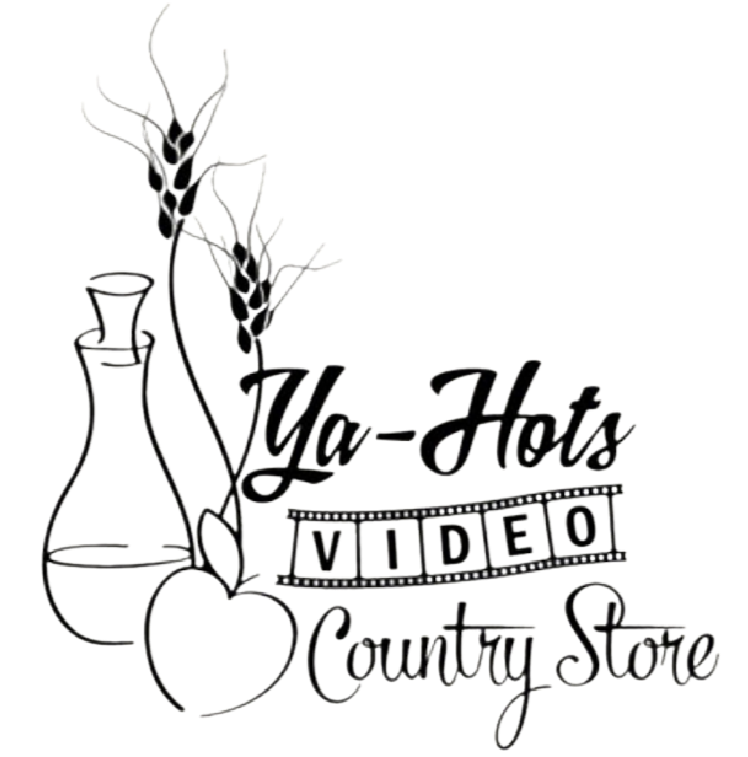 Logo for Ya-Hats Video & County Store featuring line art of two vases, wheat stalks, a heart, and stylized text.