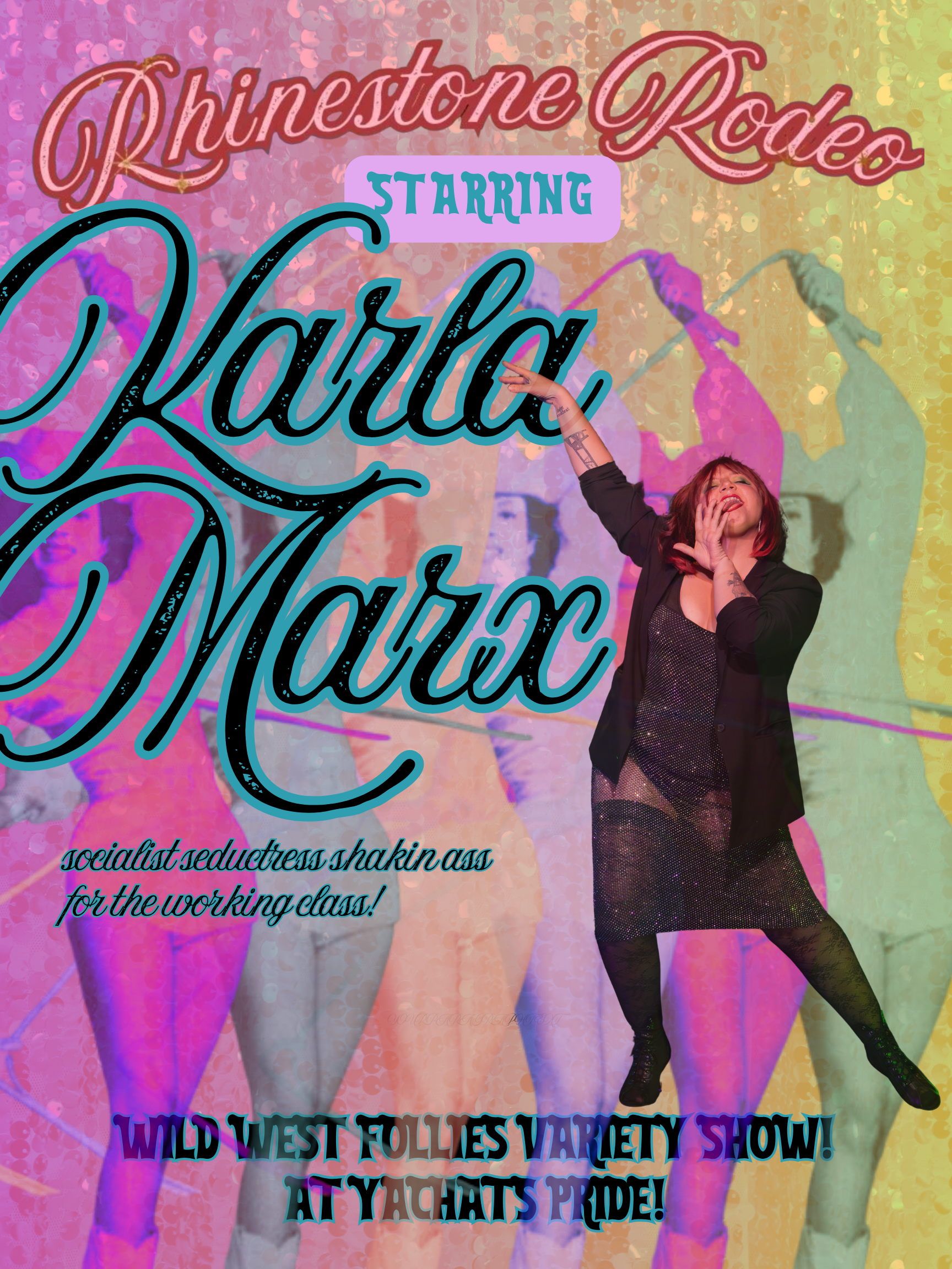A woman with short red hair and tattoos on her arm, dressed in a black blazer and fishnet tights, stands on stage, singing or performing with her right arm raised and a joyful expression. The background features colorful friends with added text promoting an event called 'RhineStone Rodeo,' 'starring Darlin Maim,' with descriptions of a 'socialist seductress' and a 'wild west follies variety show,' in bright, playful colors.