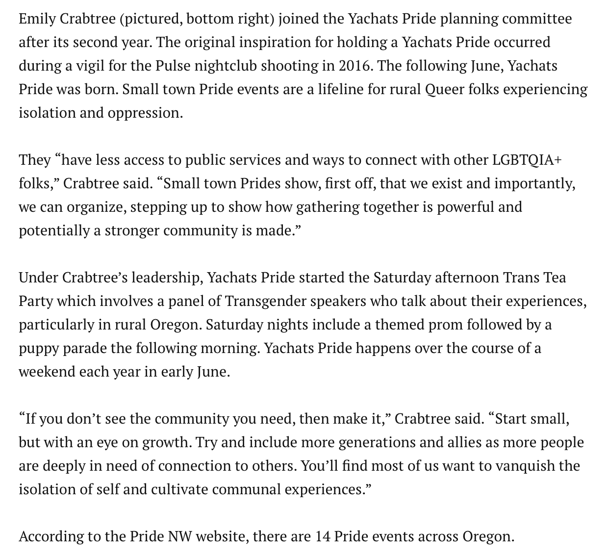 Text excerpt discussing Yachats Pride events, community building, and LGBTQIA+ support in Oregon.