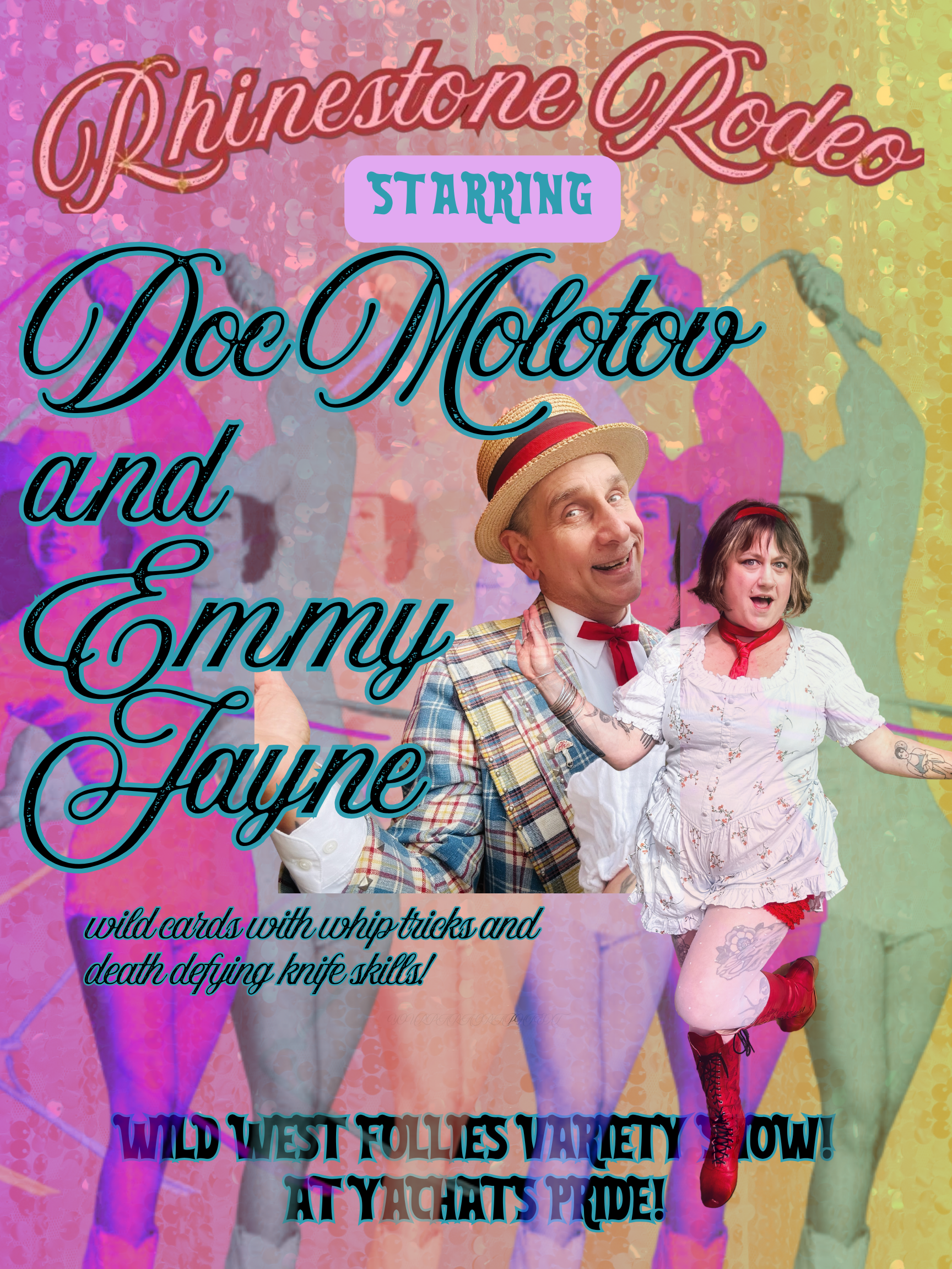 Poster for a circus show called Riverside Rodeo featuring Doc Moshov and a performer in a white dress with a red headband, red lace-up boots, and tattoos on her leg. The background is colorful with silhouettes of performers and text about wildcards, whip tricks, and death-defying knife skills.
