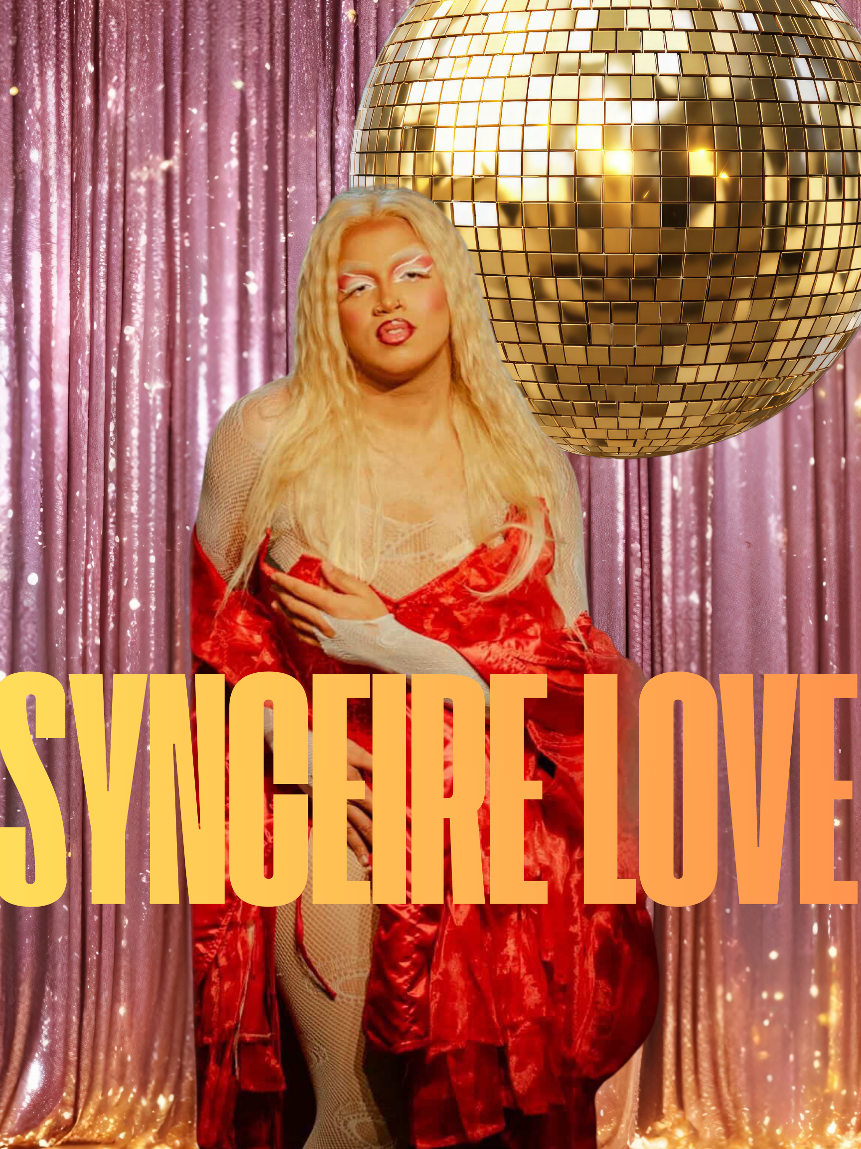 A person with long blonde hair, wearing bright makeup and a red outfit, standing in front of pink glittery curtains and a large disco ball, with the text "SYNCHRONIZE LOVE" in bold, colorful letters overlaid.