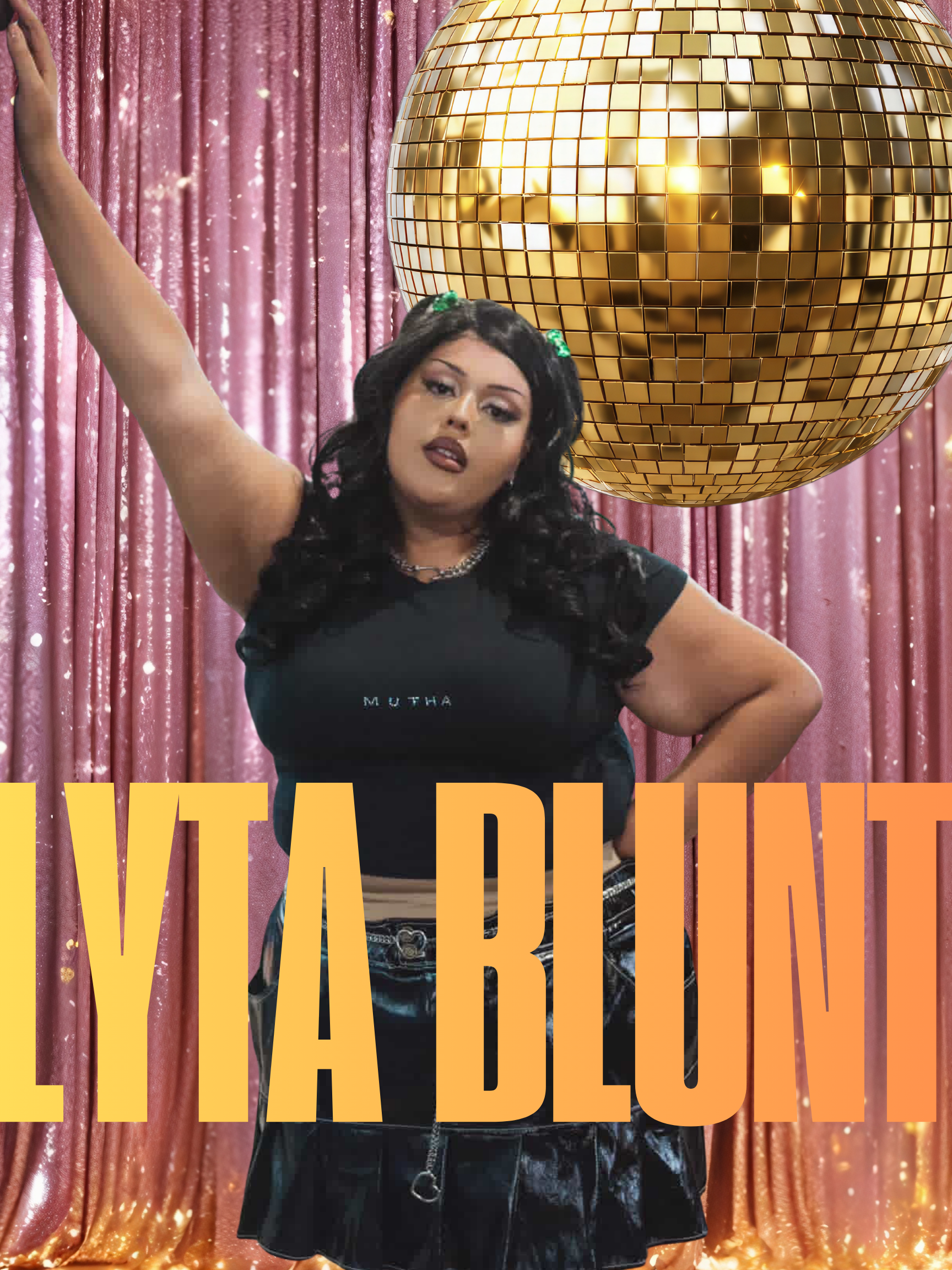 A woman posing in front of a pink curtain with a large gold disco ball overhead. She has black hair with green hair clips, dark makeup, and a confident expression. She is wearing a black top with the word 'MUTHA' printed on it and a black skirt with ruffled layers. Large orange text at the bottom reads 'VIVA DELO'.