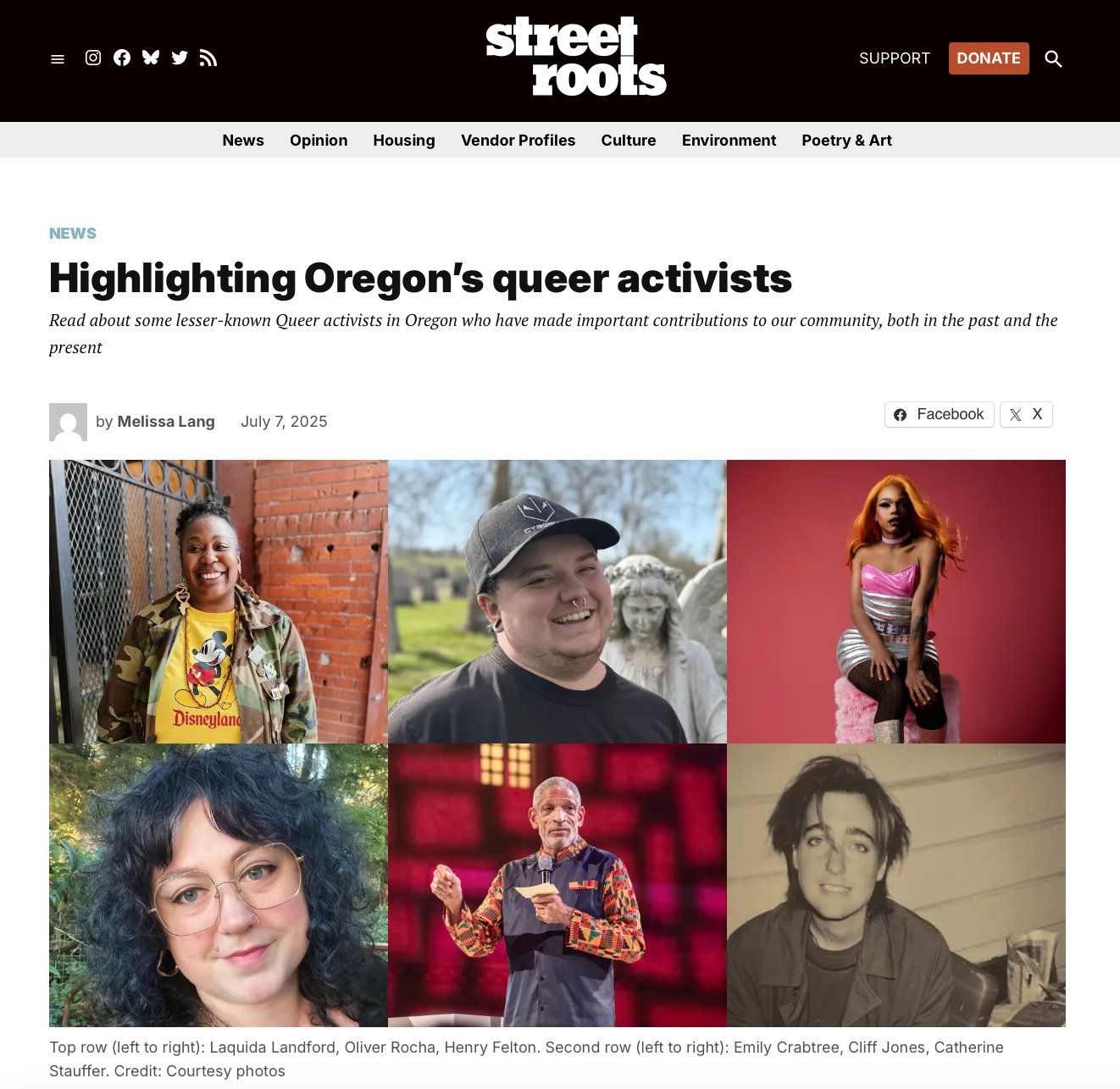 Collage of six queer activists from Oregon, three on the top row and three on the bottom row, including individuals with diverse appearances and styles, standing against various backgrounds.