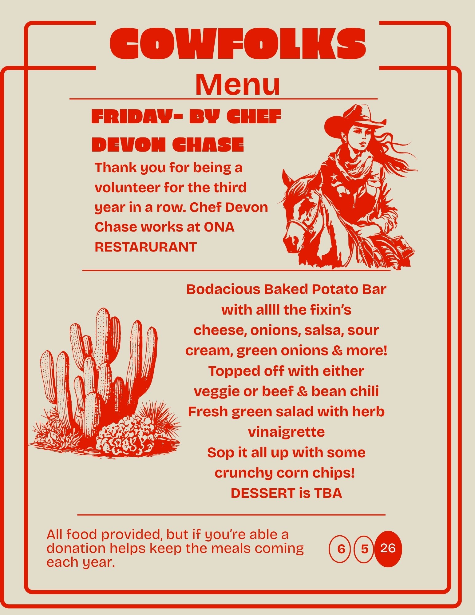 Menu for Cowfolks restaurant featuring a Western theme, including a drawing of a woman on horseback, and a menu listing dishes such as bodacious baked potato bar, chili, salad, crunchy corn chips, and dessert, with a note about donations and meal counts.