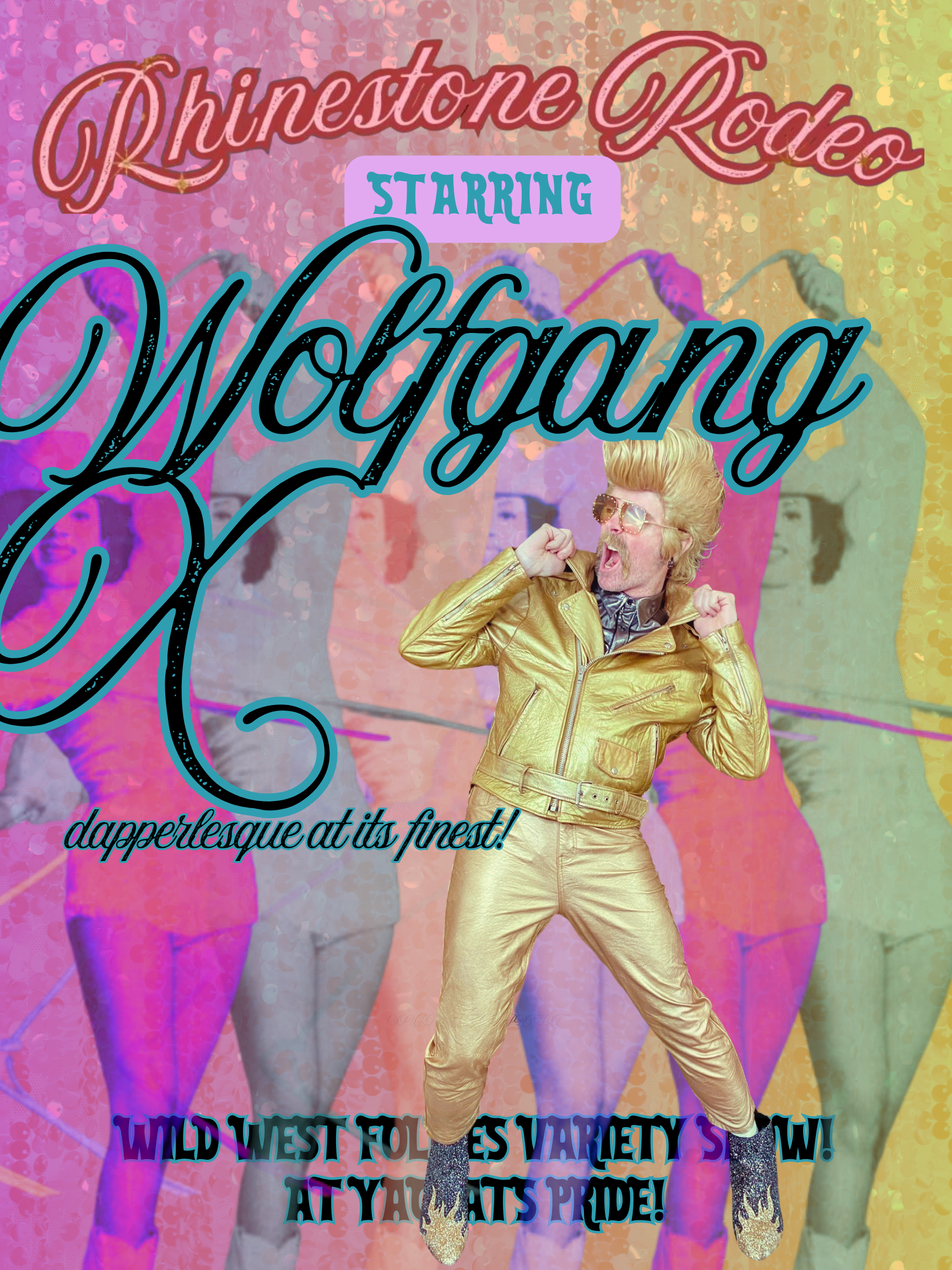 Colorful promotional poster for a country music event featuring a person in a gold outfit and sunglasses, with vibrant balloon images in the background and text promoting the event.
