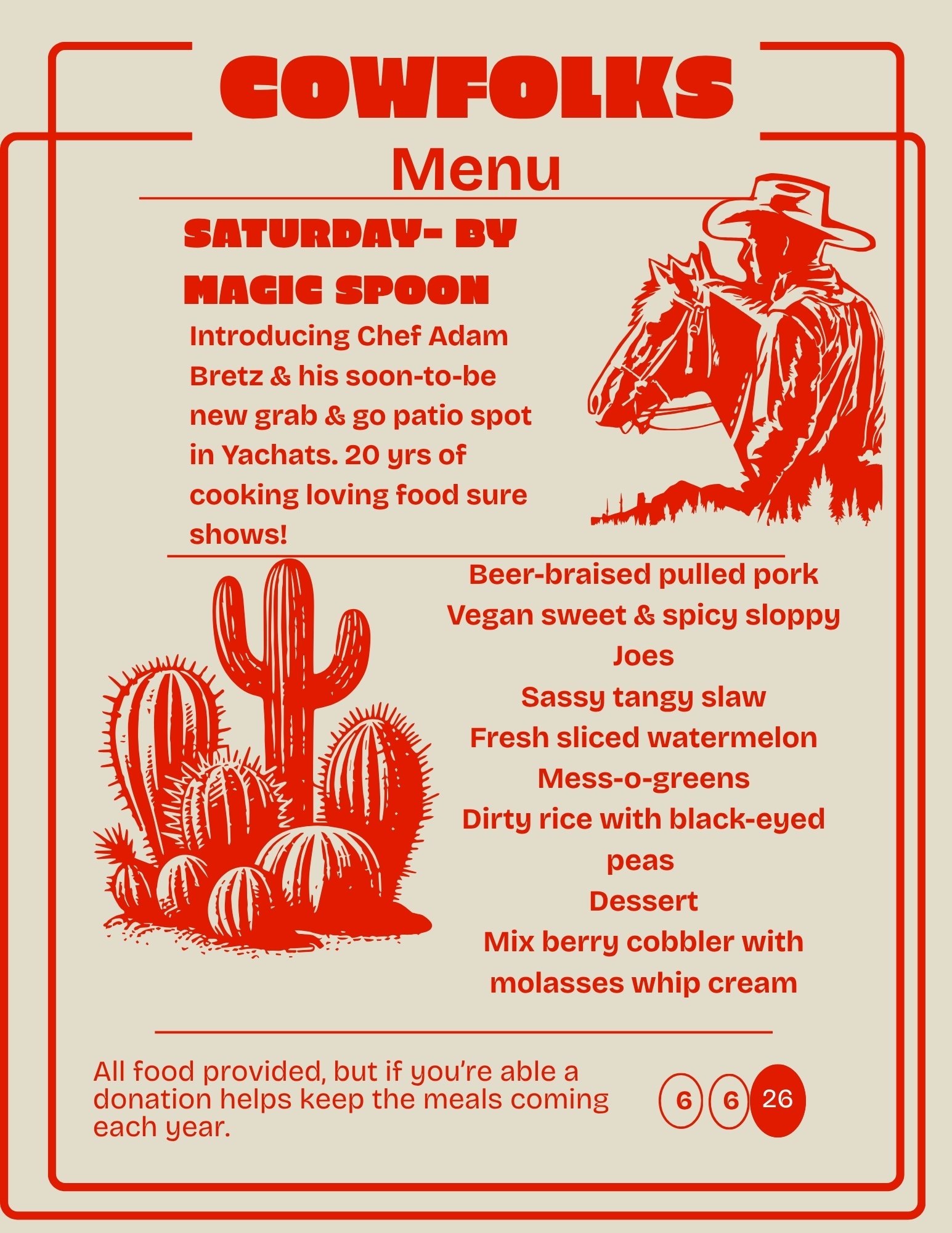 Menu for Cowfolks restaurant featuring Saturday specials, intro to Chef Adam Bretz, and various dishes including pulled pork, vegan options, watermelon, and cobbler.