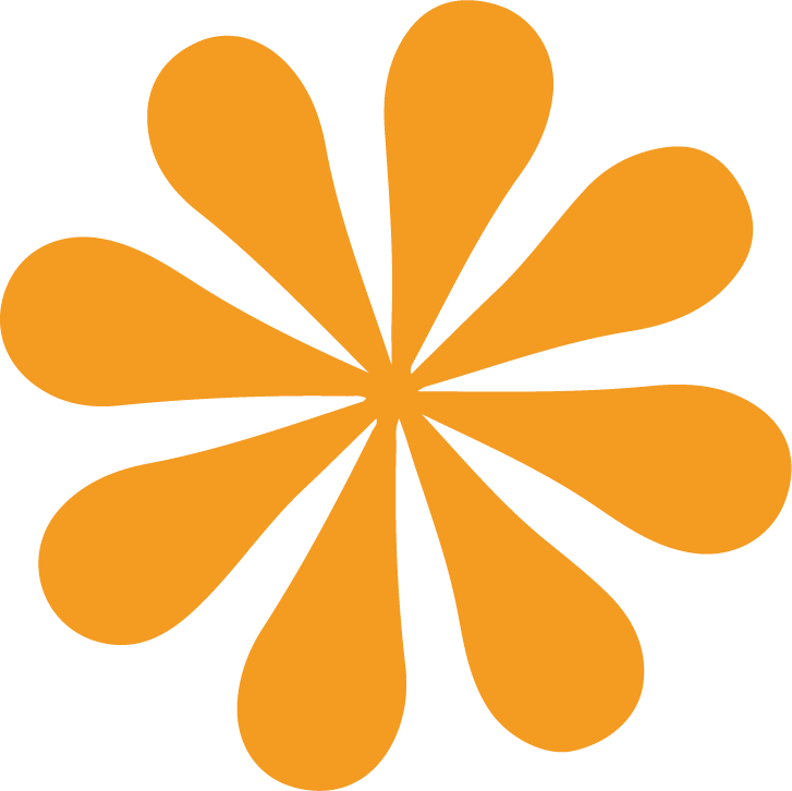 An abstract orange and black pattern with teardrop shapes radiating outward in a circular formation.