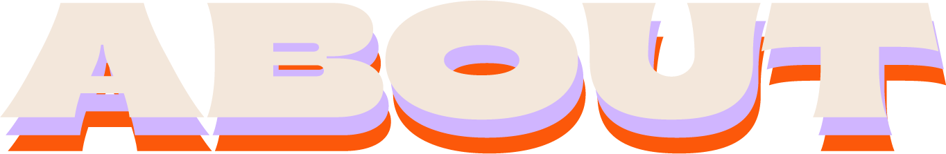 Colorful 3D text spelling 'ABOUT' with each letter layered with purple, orange, and beige colors.