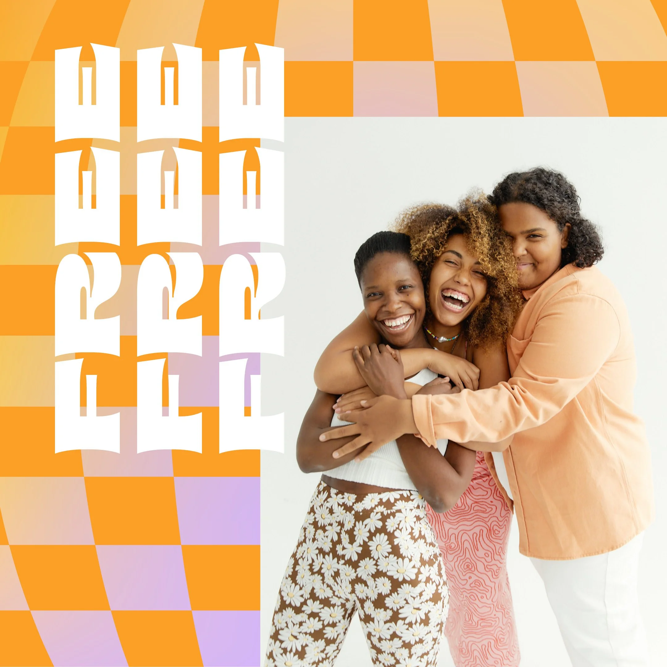 Three women of diverse African American ethnicities hugging each other and smiling cheerfully, standing in front of a colorful geometric patterned background.