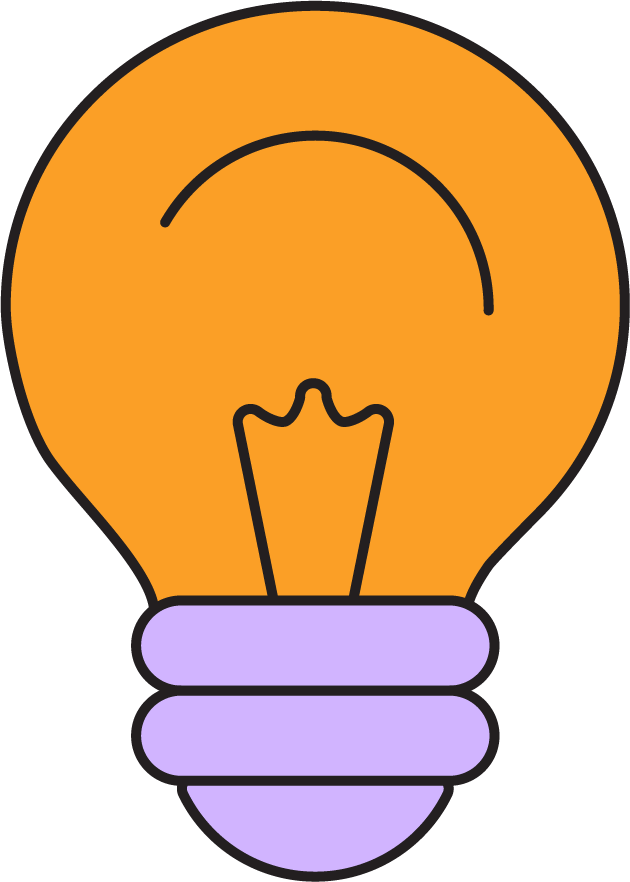 Simple illustration of an orange light bulb with a purple base.