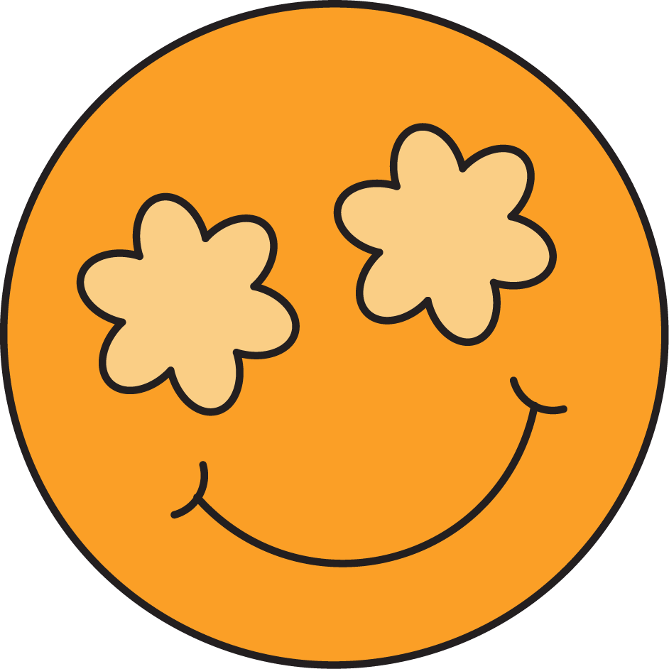 Orange smiley face with eyes replaced by flowers and smiling mouth.