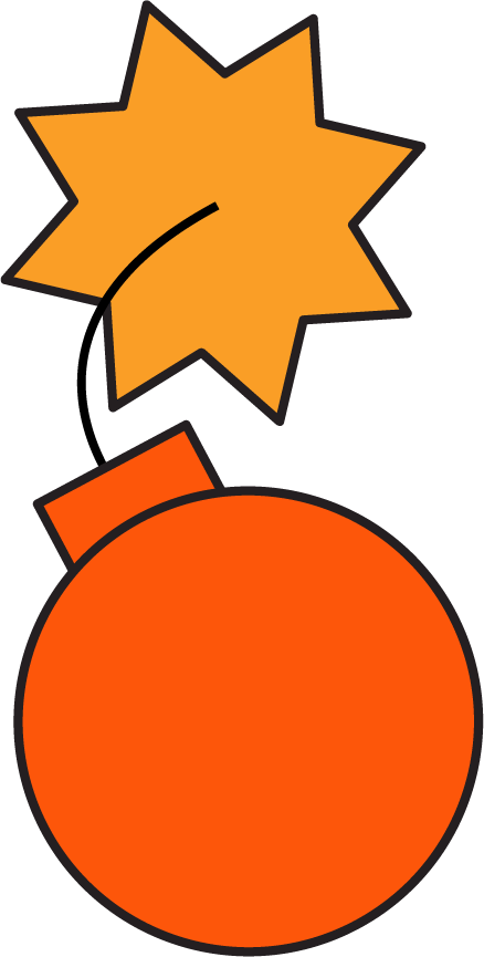 A cartoon depiction of a bomb with a lit fuse and an explosion.