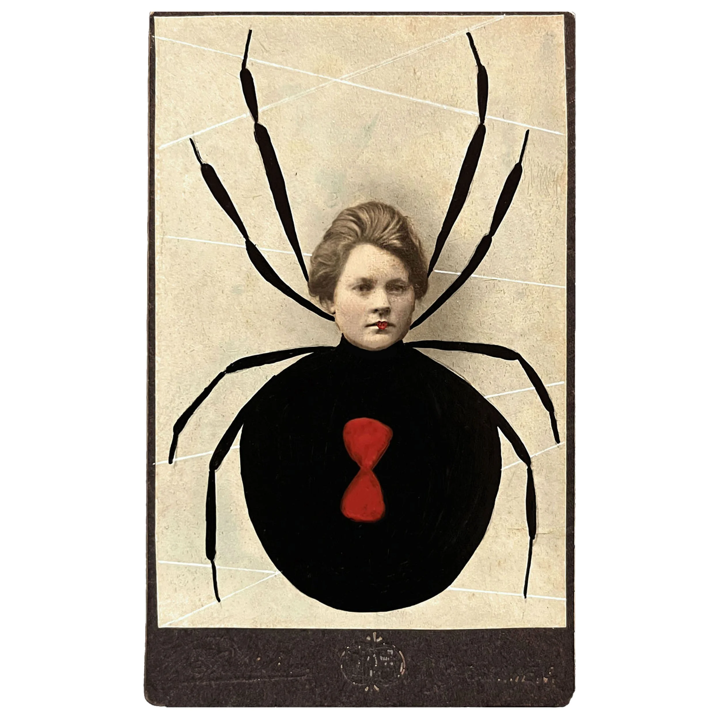 Altered Victorian portrait of a beautiful woman turned into a spider clinging to her web with a red hourglass on her belly