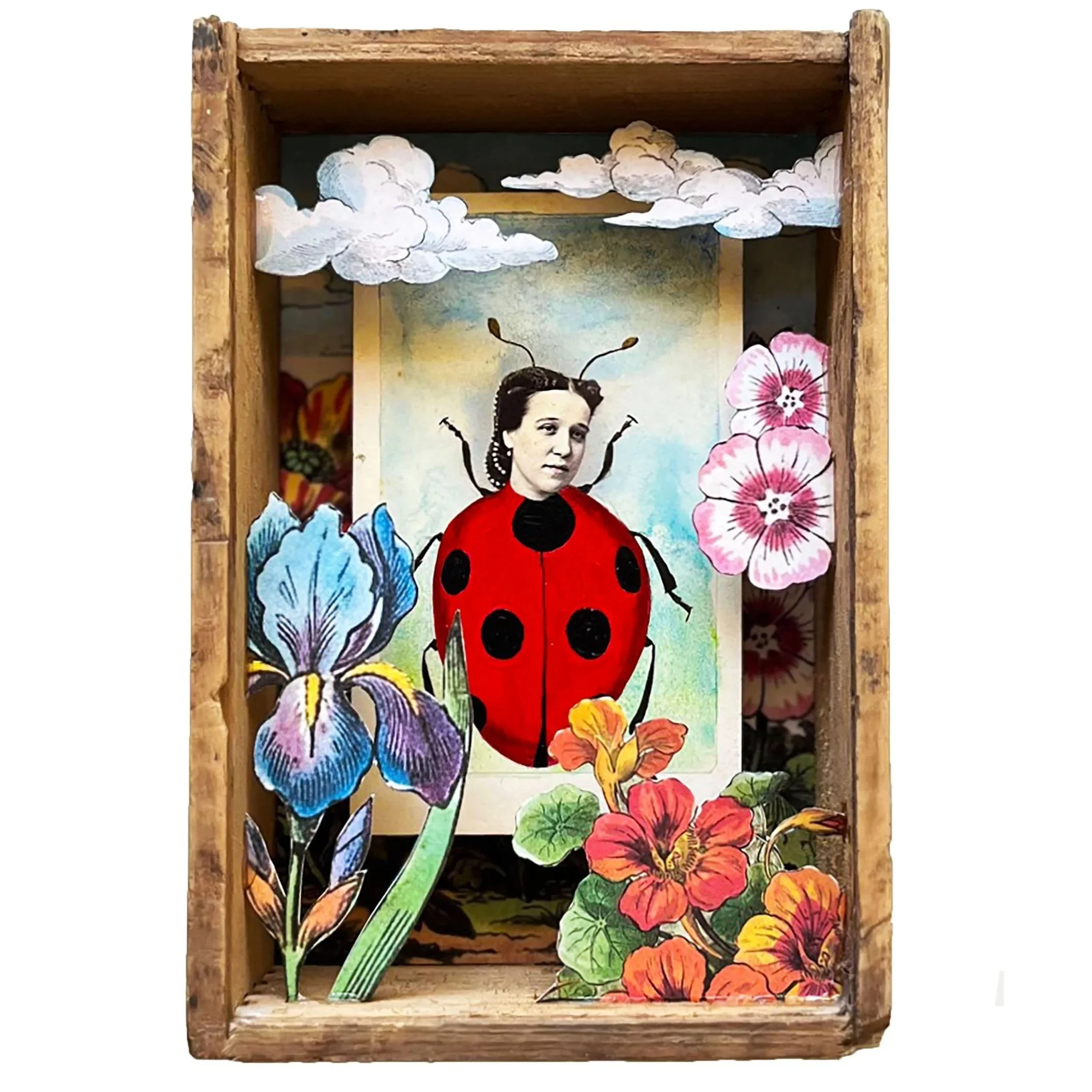 3D collage shadowbox featuring an altered Victorian photo of a ladybug woman surrounded by bright lithographed flowers.