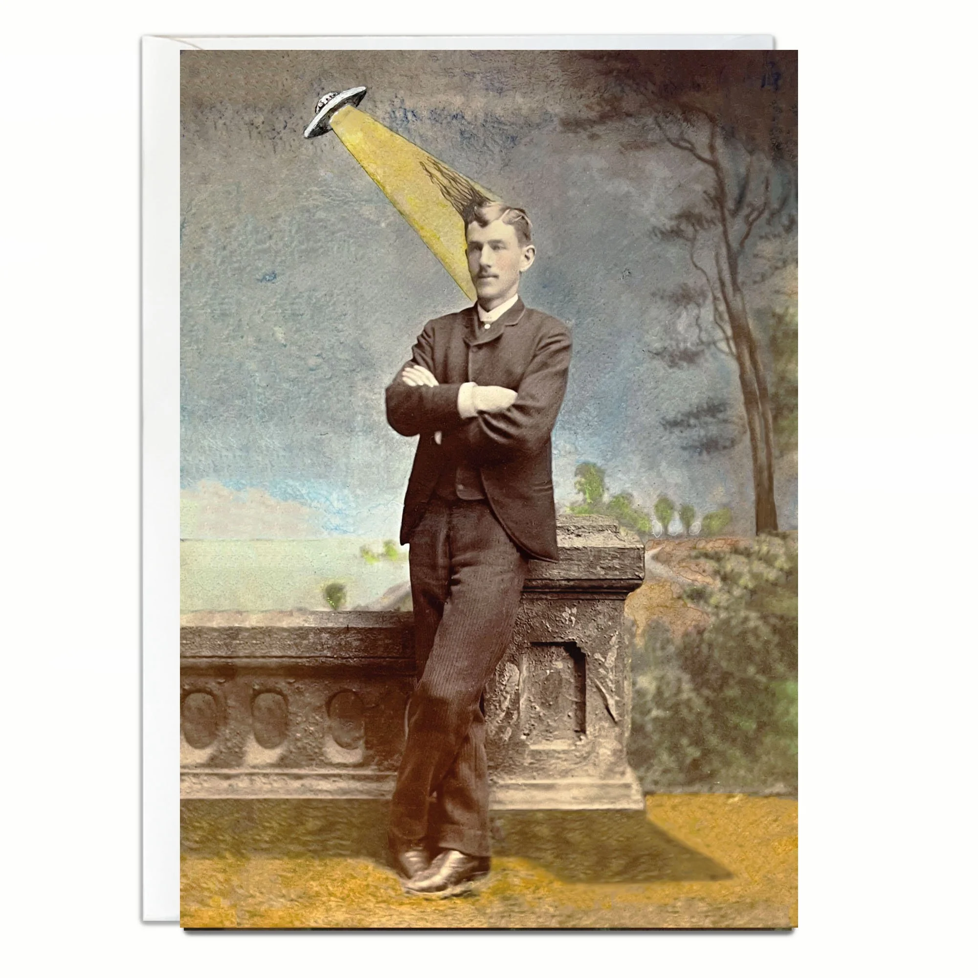 Altered Victorian photo art print notecard featuring man whose hair is being sucked up by a UFO, he will be sucked up too