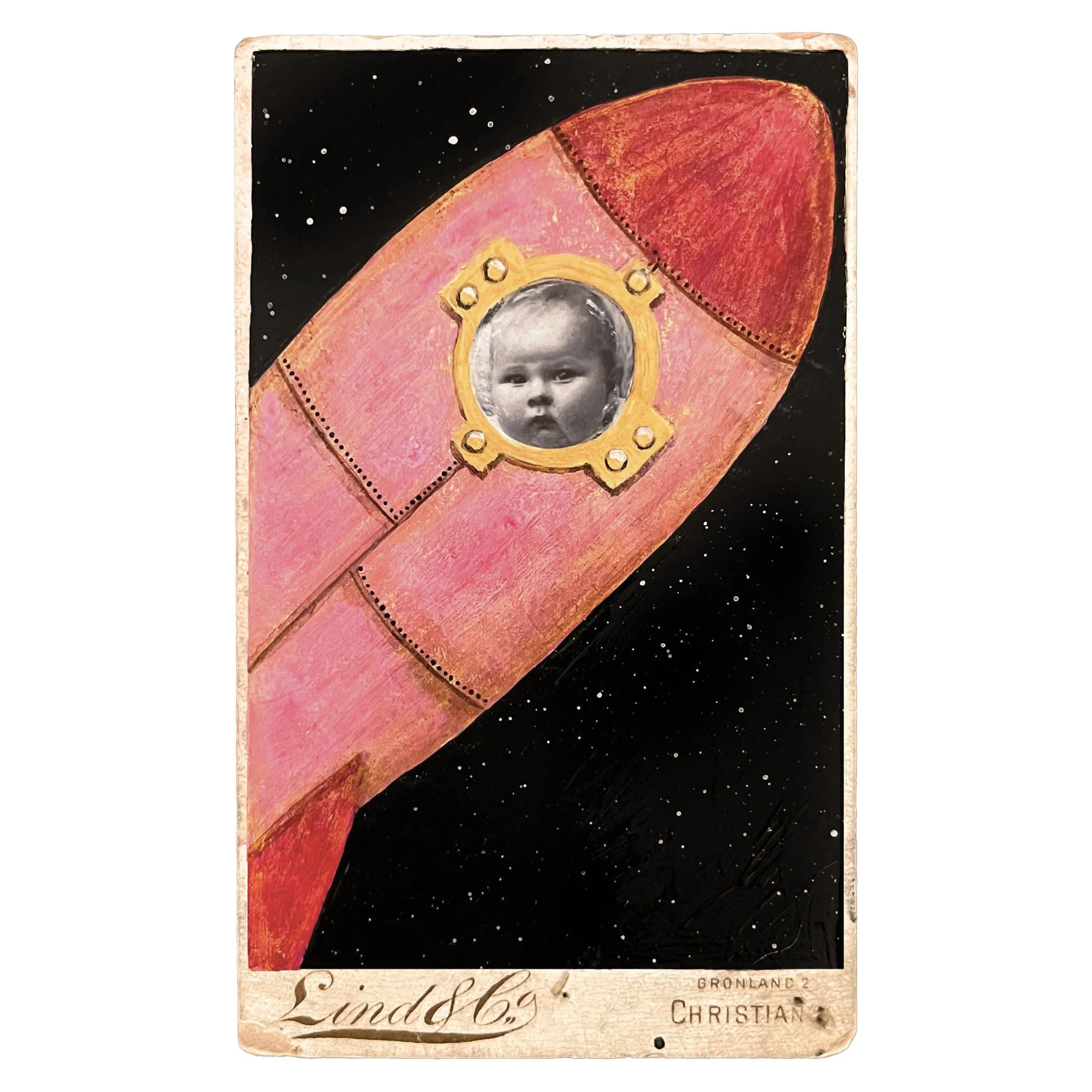 Altered Victorian photo of a baby peering through the window of a steampunk-link pink rocket ship as it soars through space. 