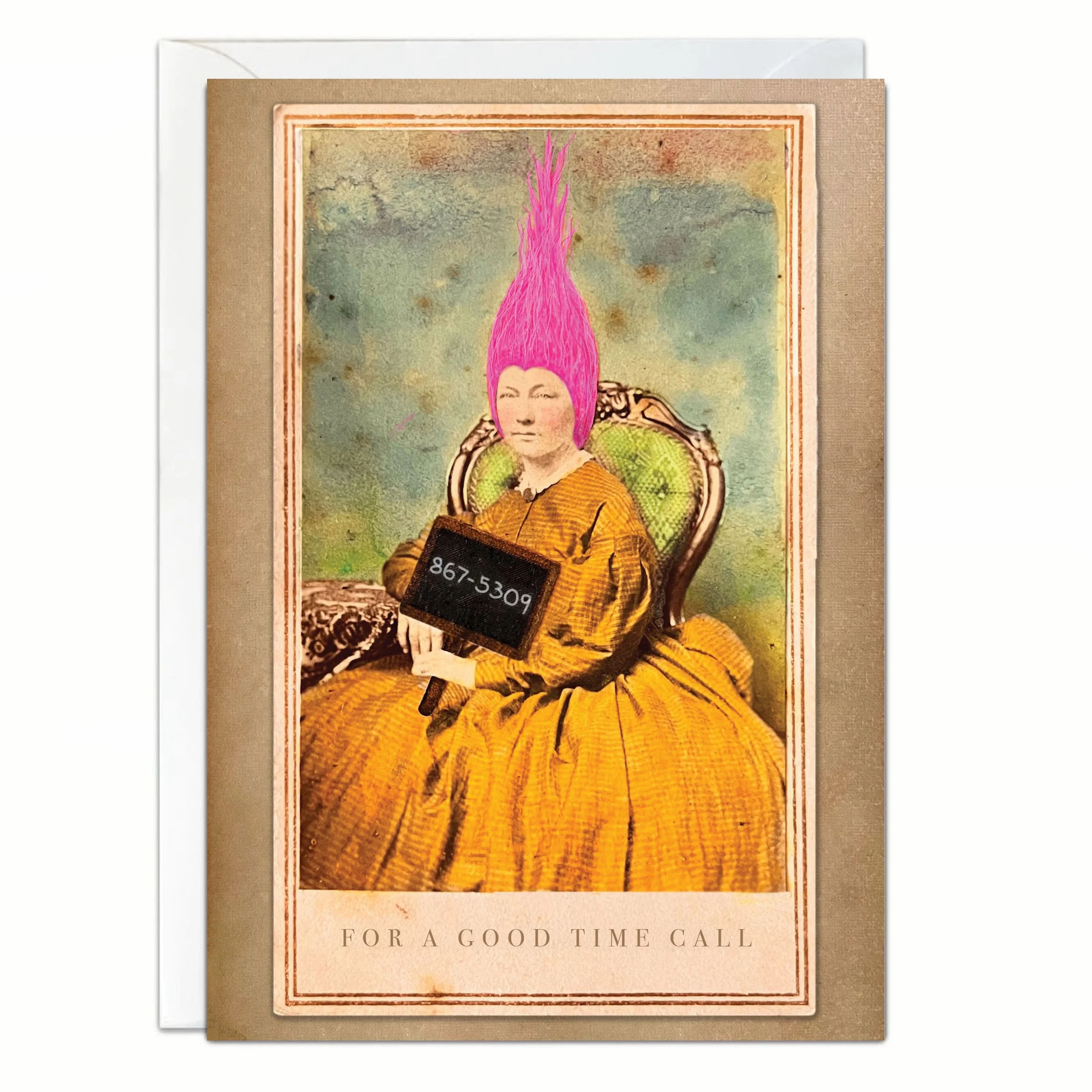 Artistic portrait of a woman with pink hair, dressed in a vibrant yellow and orange gown, seated on ornate furniture against a watercolor background, with text at the bottom that reads 'For a good time call'.